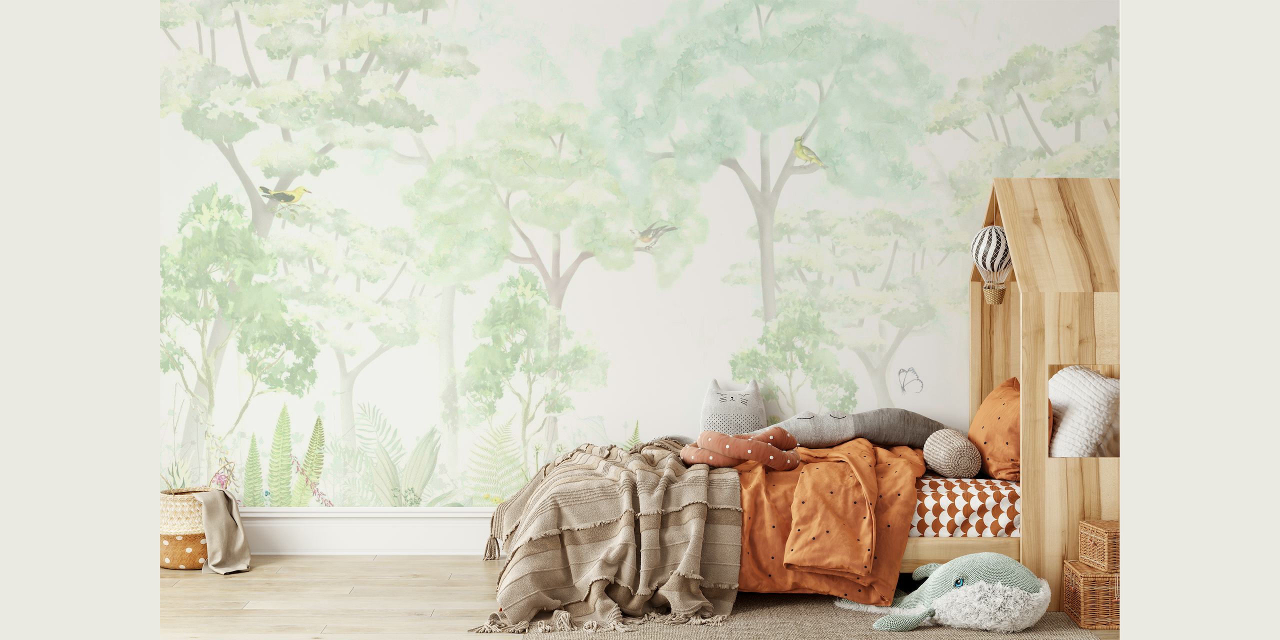 Whimsical fantasy forest wall mural with soft green tones and ethereal trees