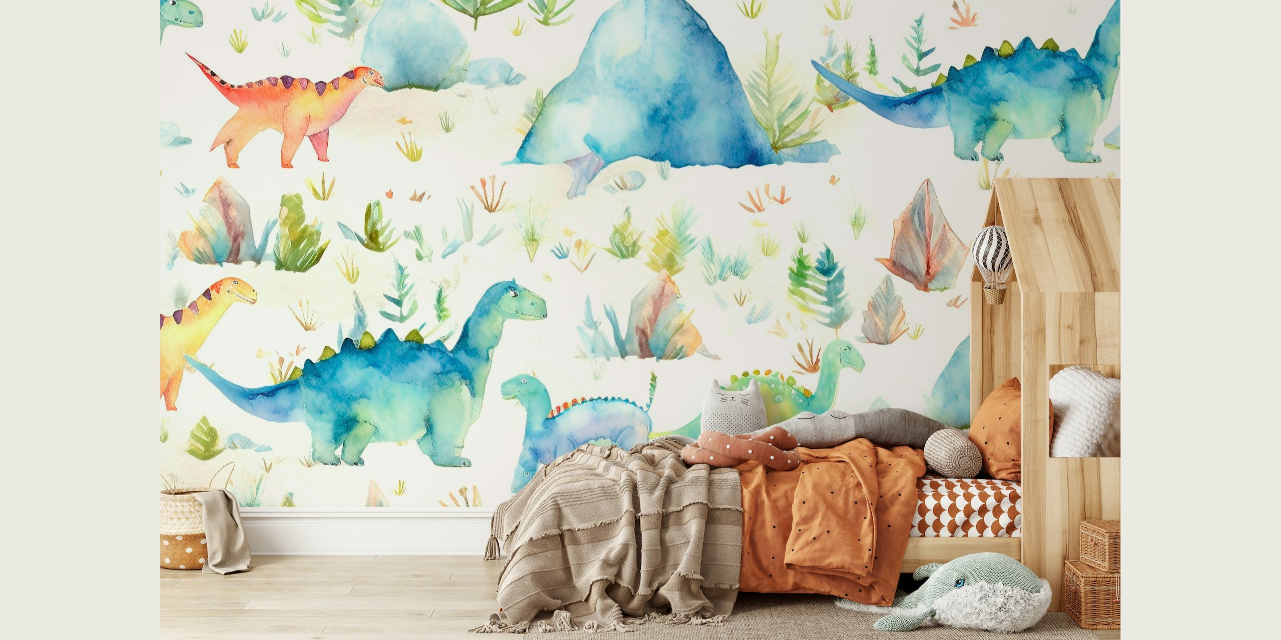 Watercolor dinosaurs wall mural with soft pastel tones and prehistoric scenery.