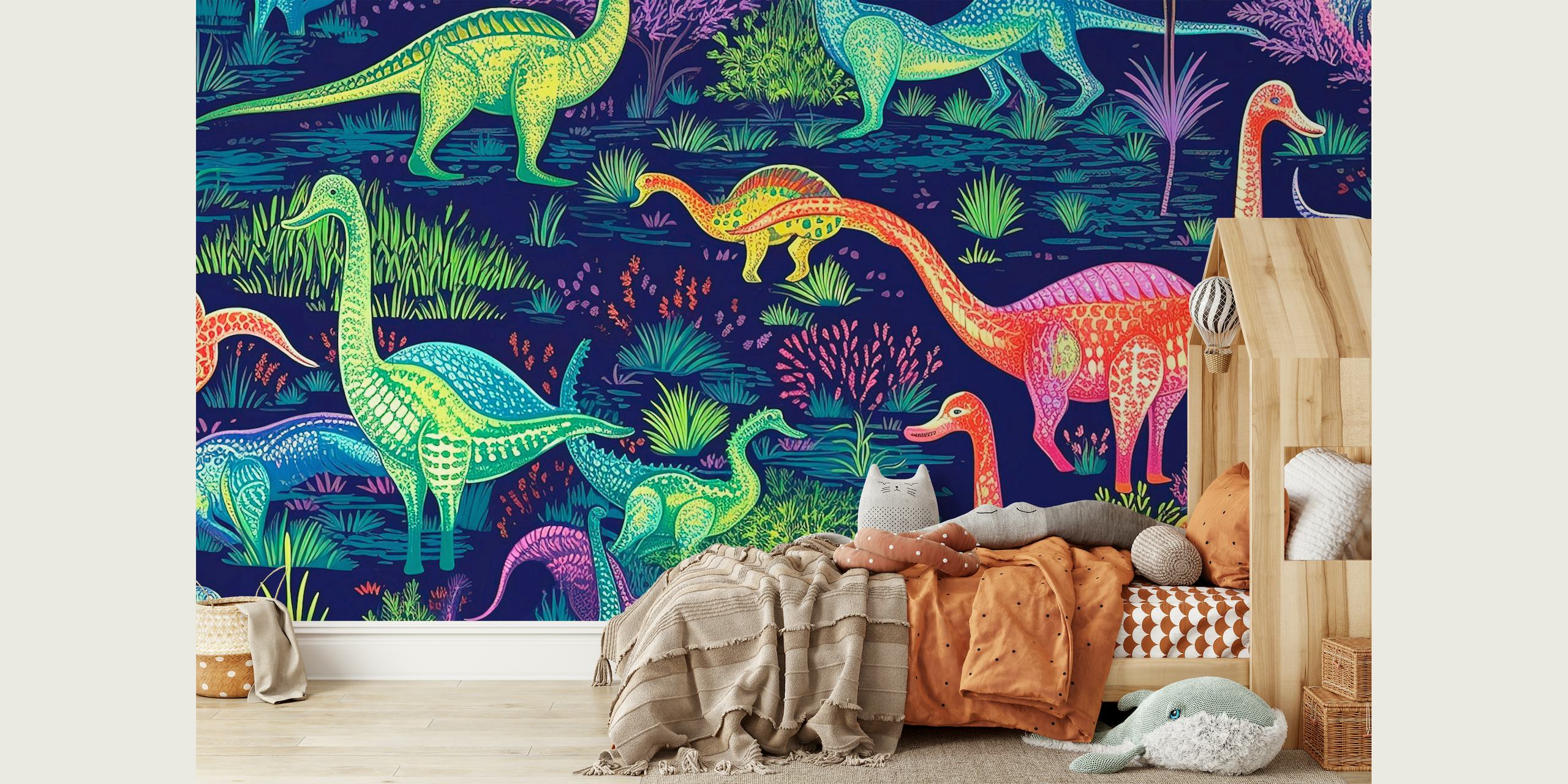 Mural de parede colorido com dinossauros animados em cores fluorescentes contra um fundo pré-histórico