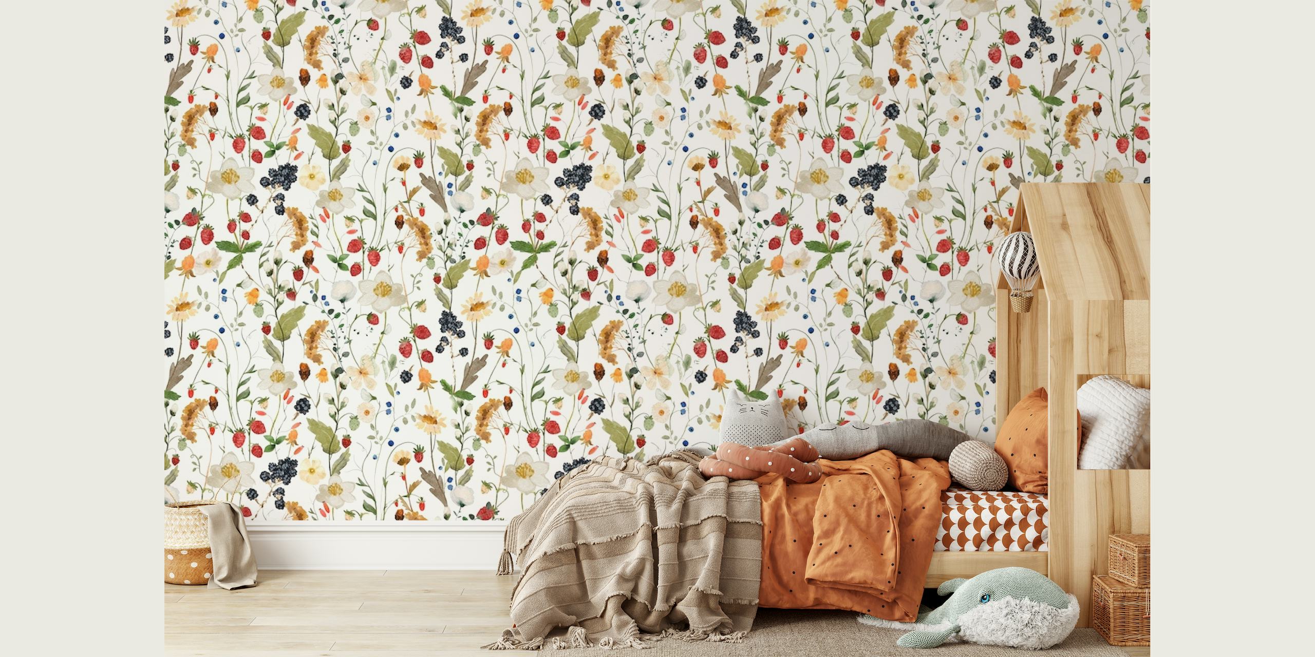 Fotomural vinílico de parede com padrão de morango e flor para decoração de interiores