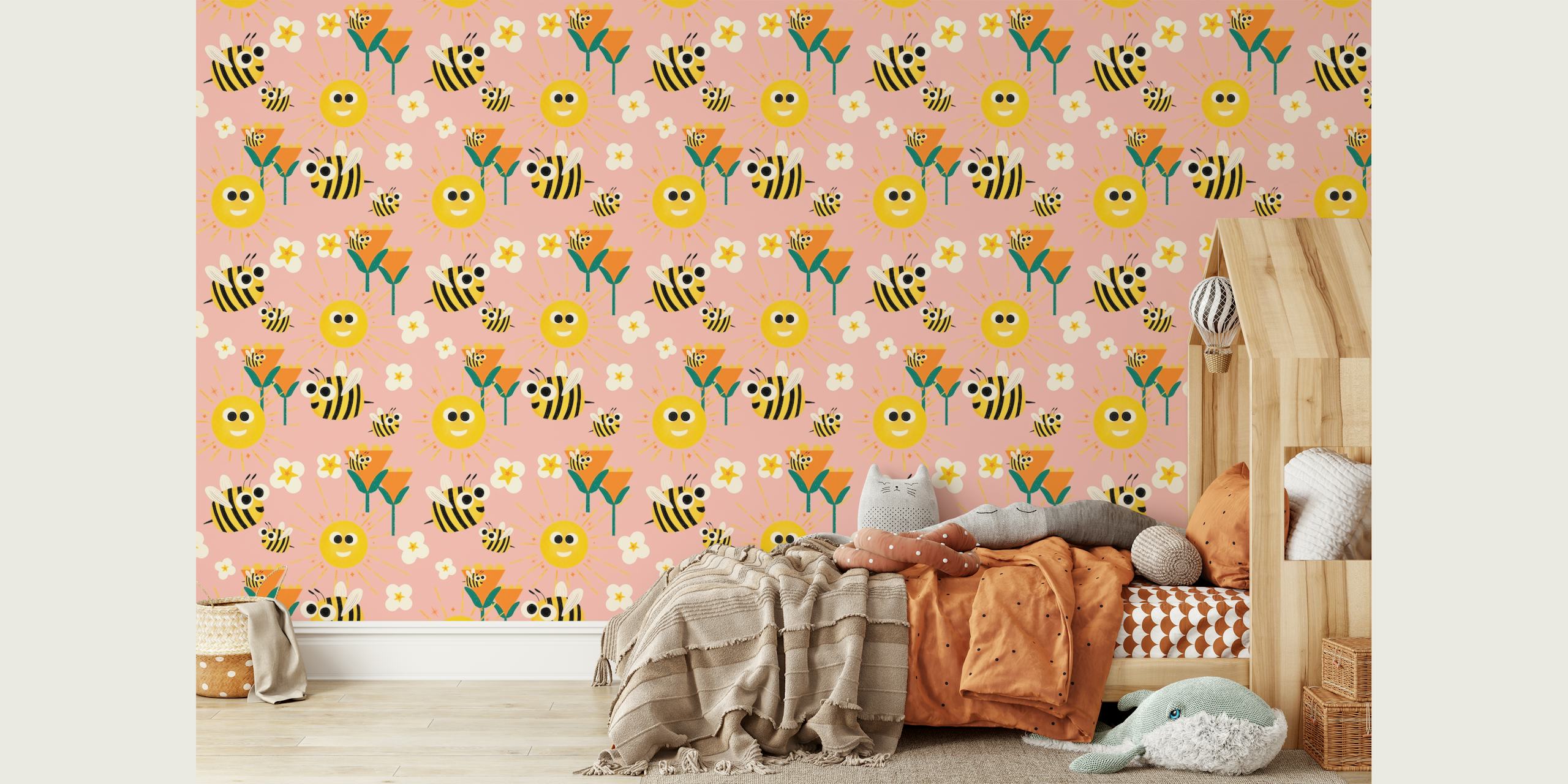 Happy bees and sunshine pink tapettimuotoilu