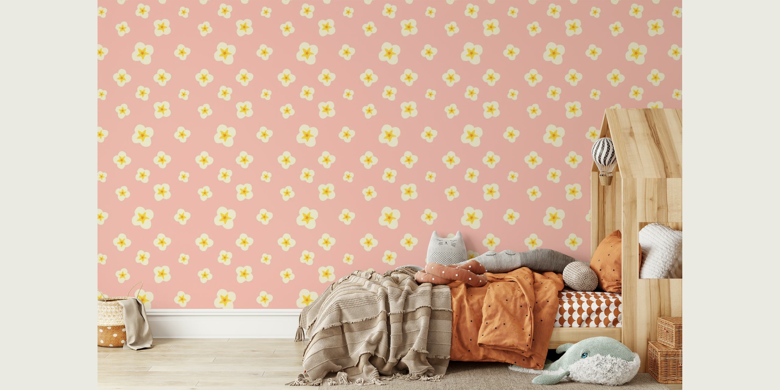 Pastel pink wall mural with daffodil pattern for home decor