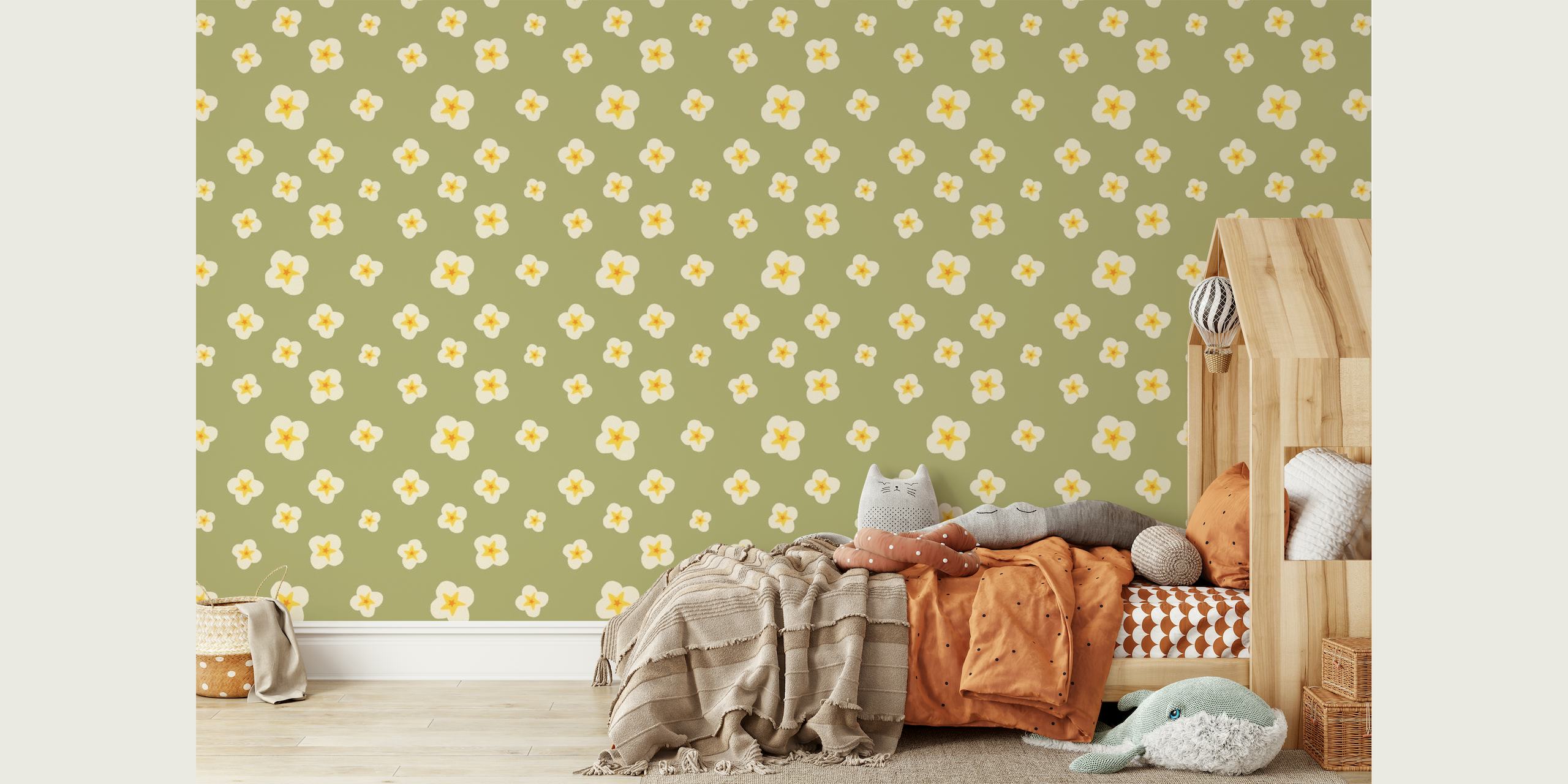 Stylized daffodils on sage green background wall mural