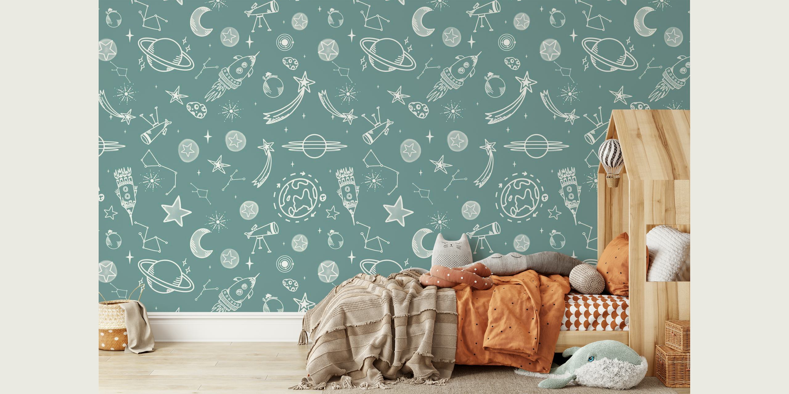 Space-themed wall mural with rockets and celestial bodies on grey background