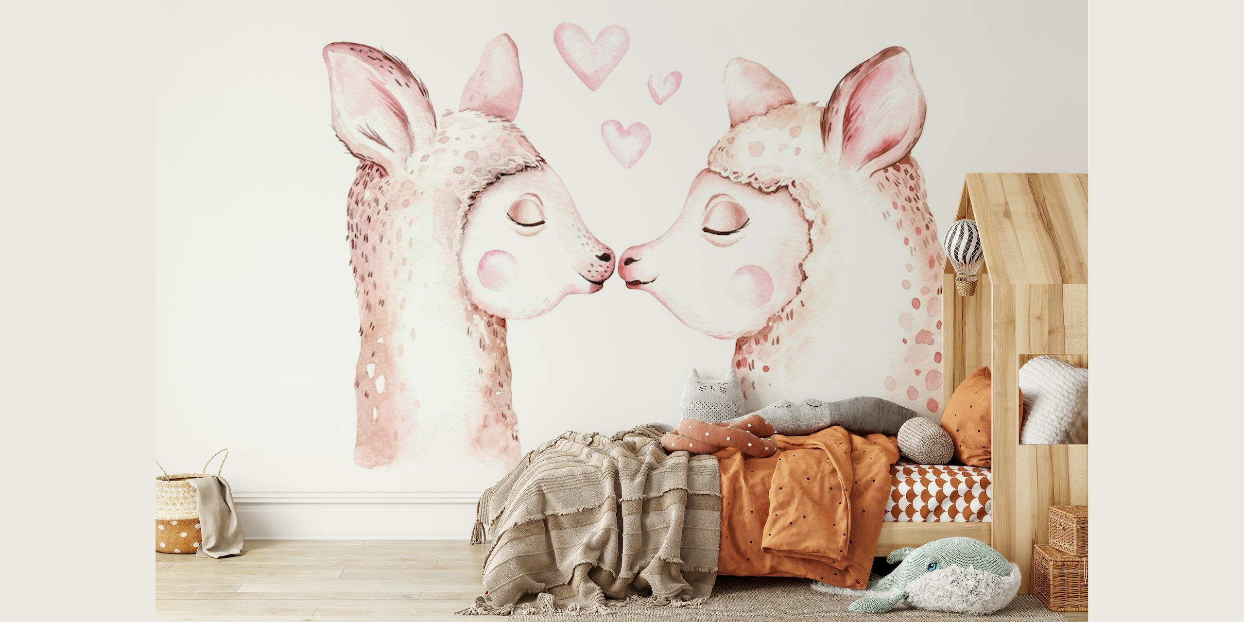 Two affectionate llamas with hearts illustration wall mural