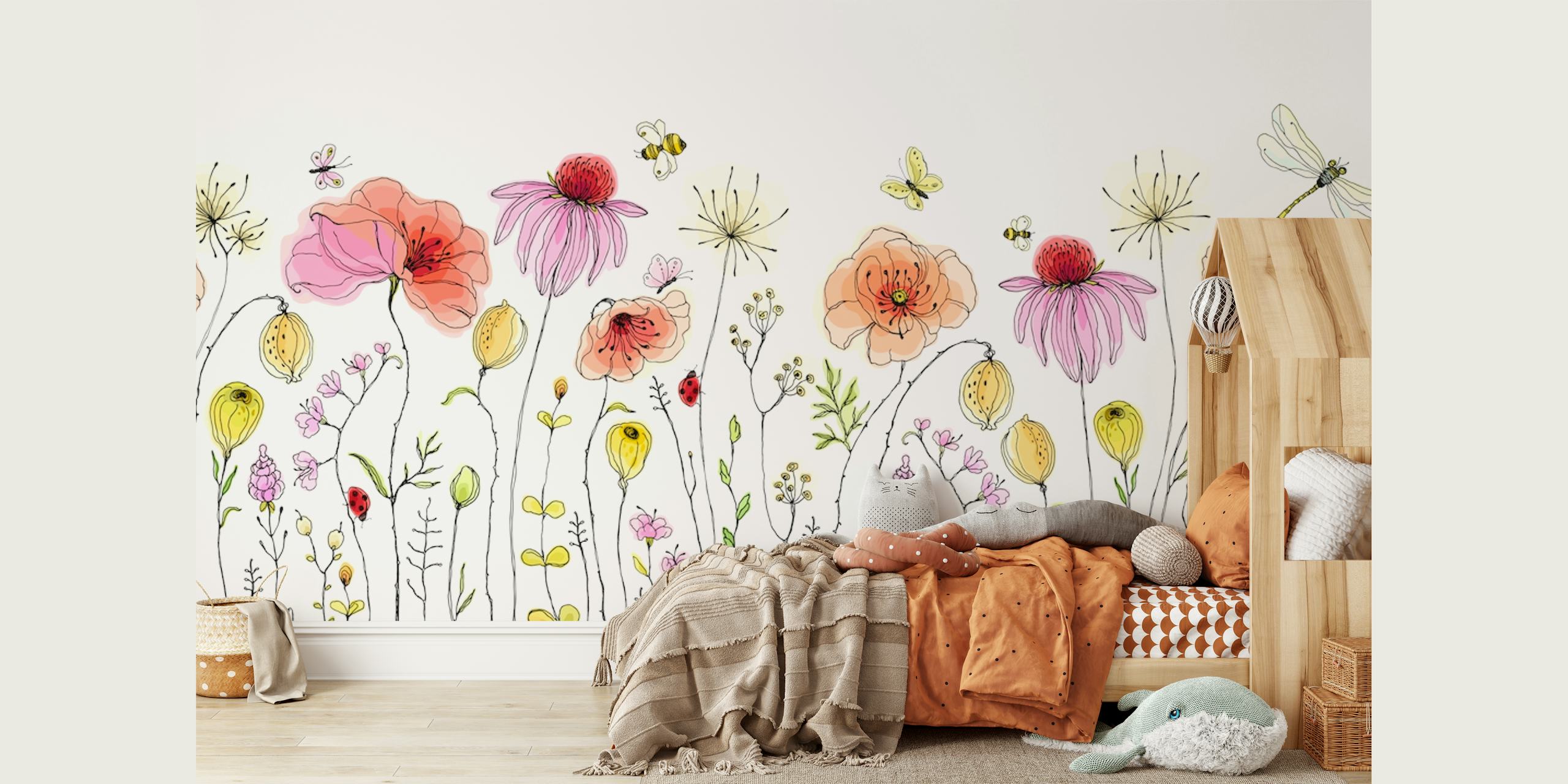 Colorful flowers with delicate illustrations on white background wallpaper