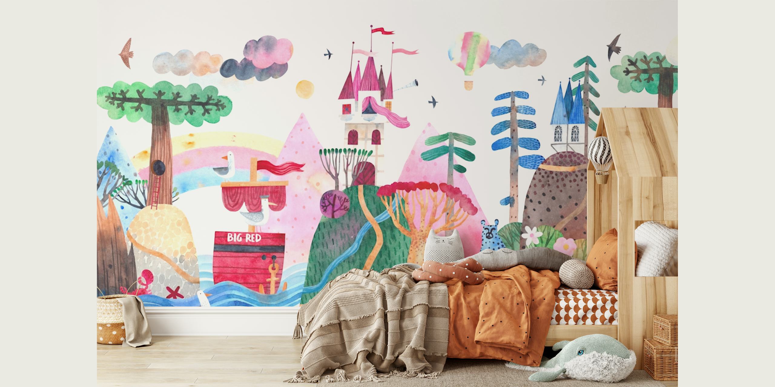 Colorful castle and forest scene with dinosaurs and rainbow wallpaper