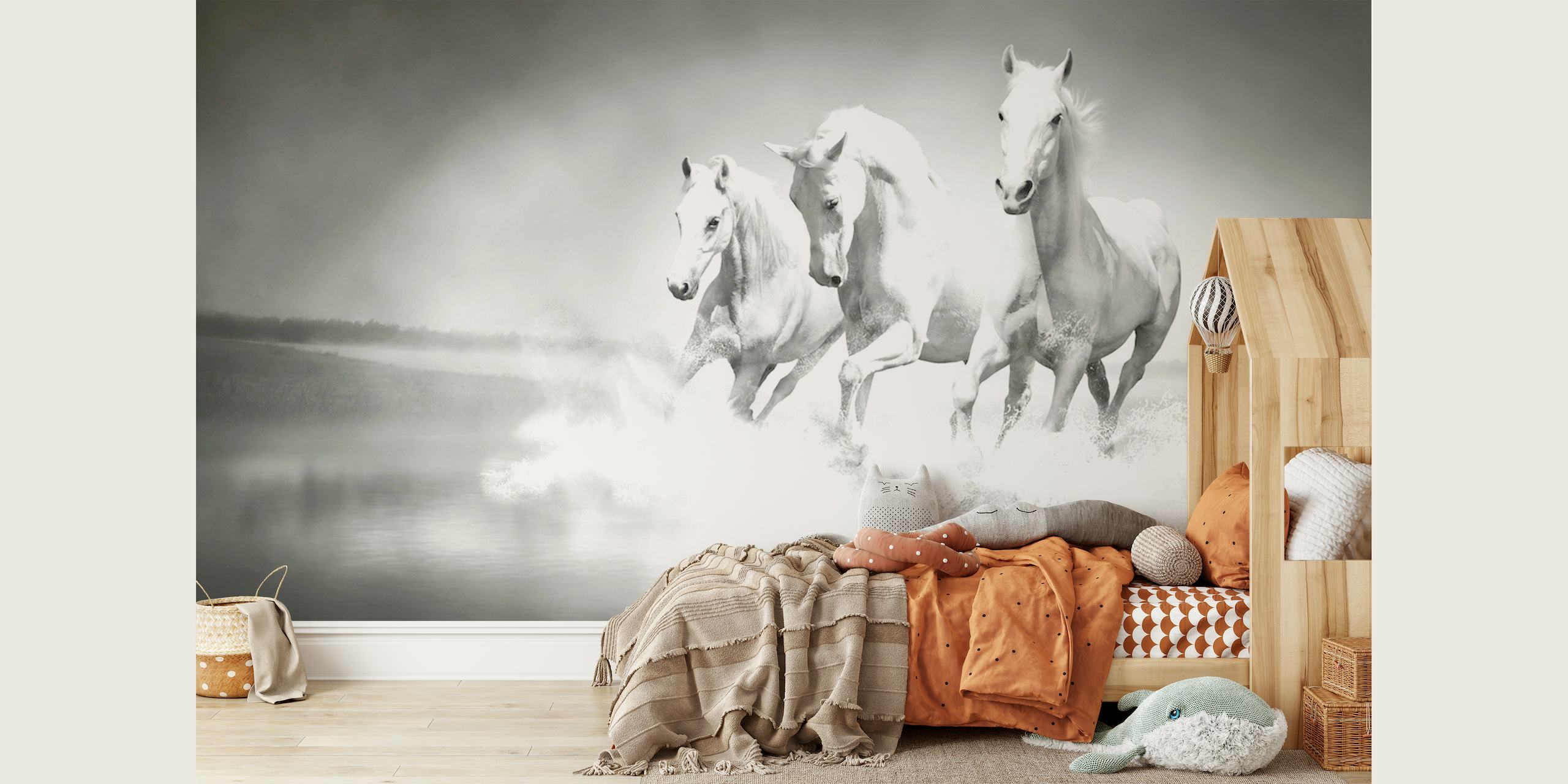 White horses running papel pintado