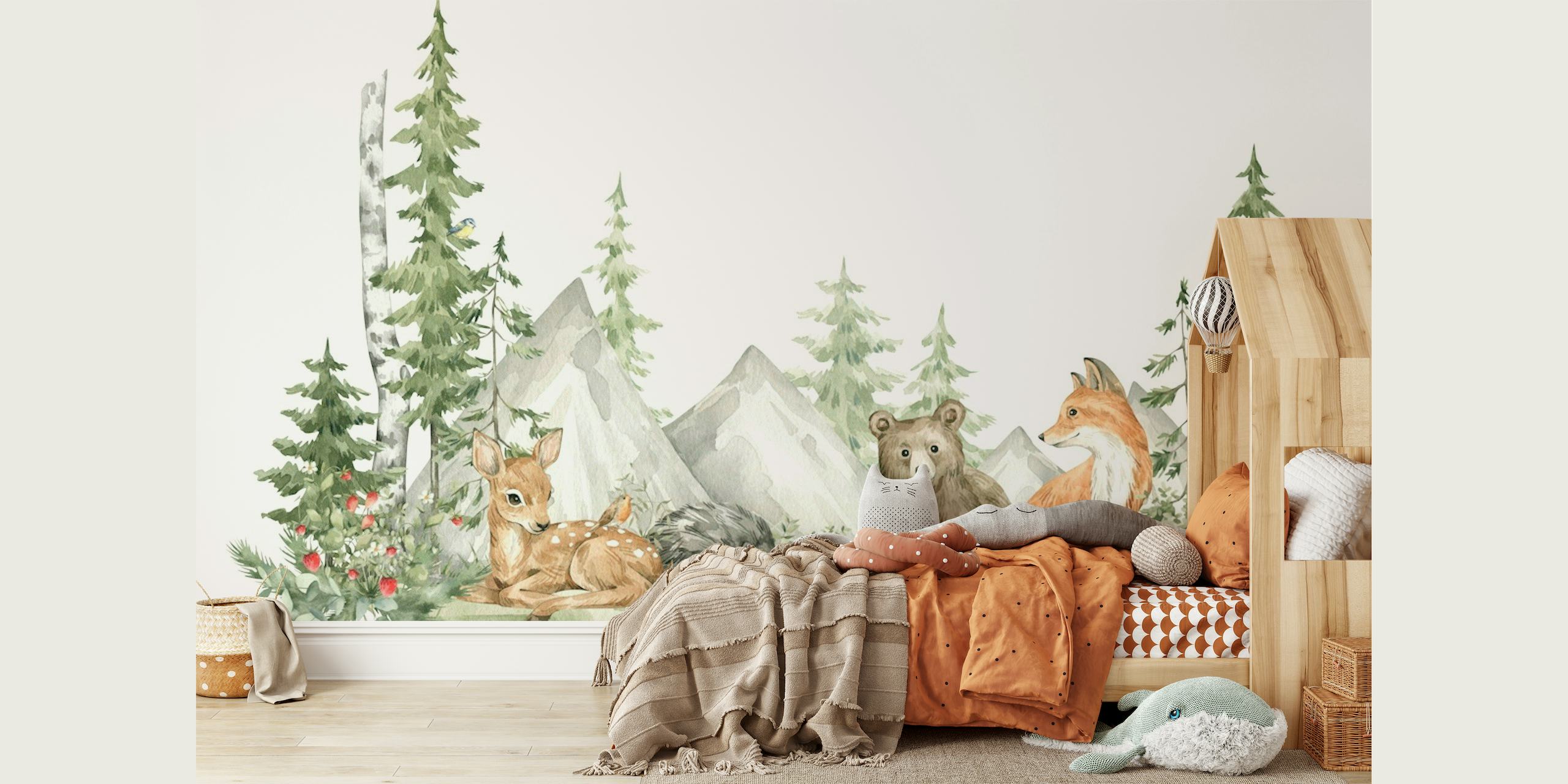 Illustrated forest animals wall mural with bear, squirrel, deer, and rabbits among trees and mountains
