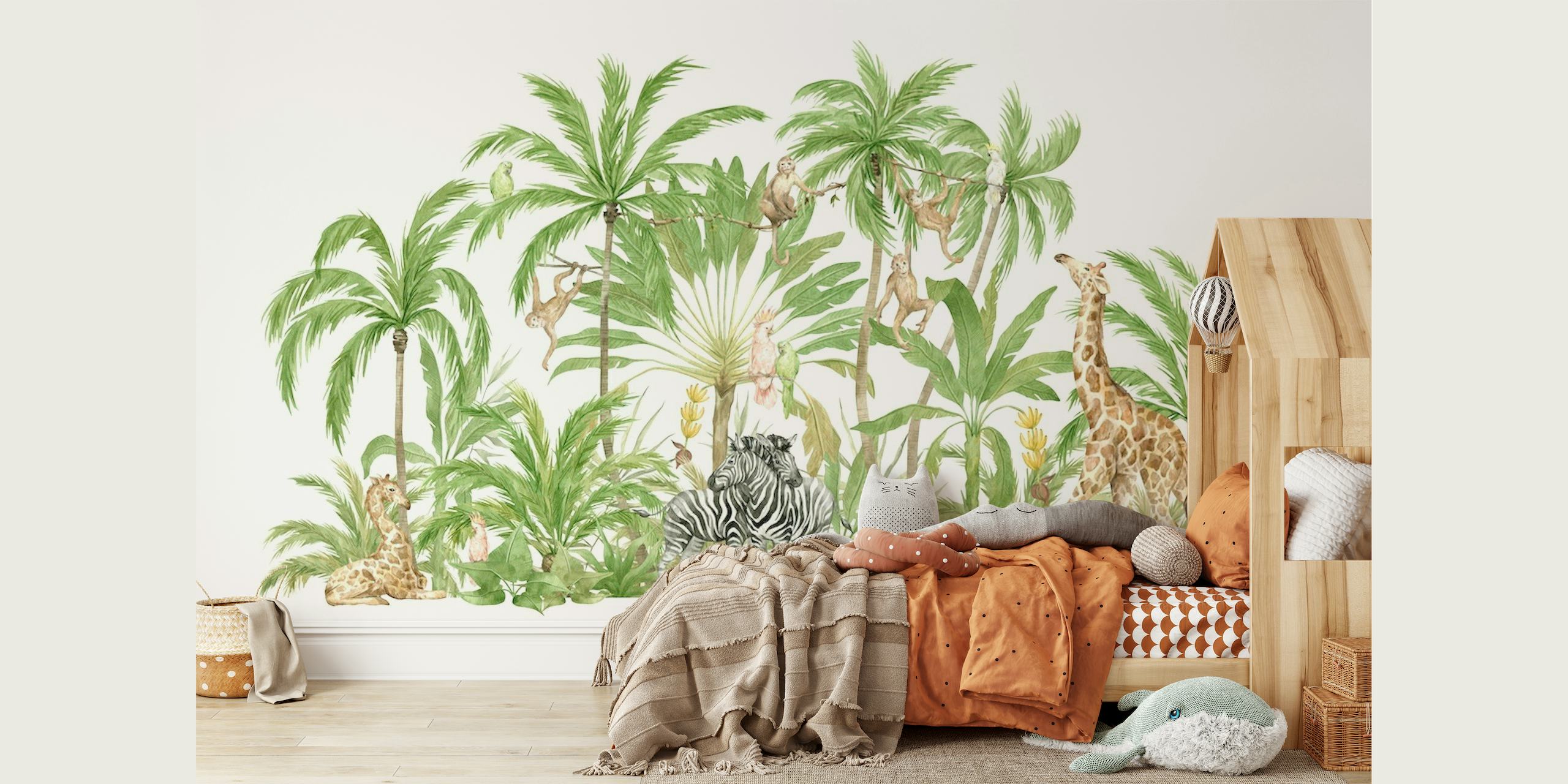 Illustrazione di una scena di safari tranquillo con fauna selvatica e piante tropicali sul muro