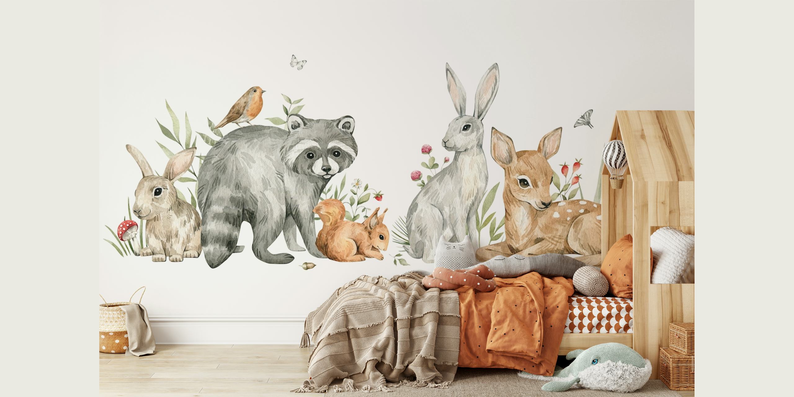 Watercolor forest animals: bunny, raccoon, deer, and flowers wallpaper