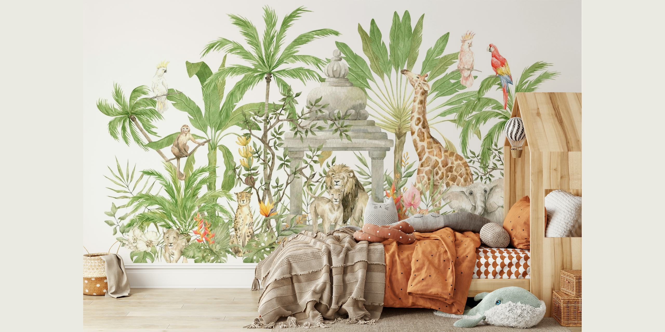 Afrikanske dyr-vægmaleri med løver, giraffer og elefanter blandt palmer