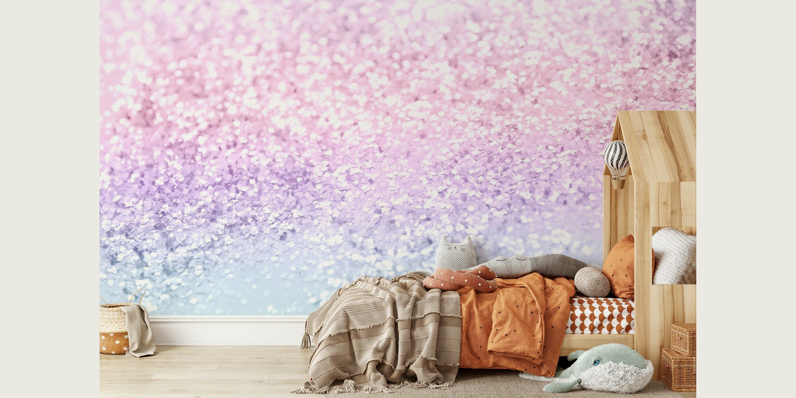 Fotomural vinílico de parede com glitter de unicórnio em cor pastel para quarto de criança