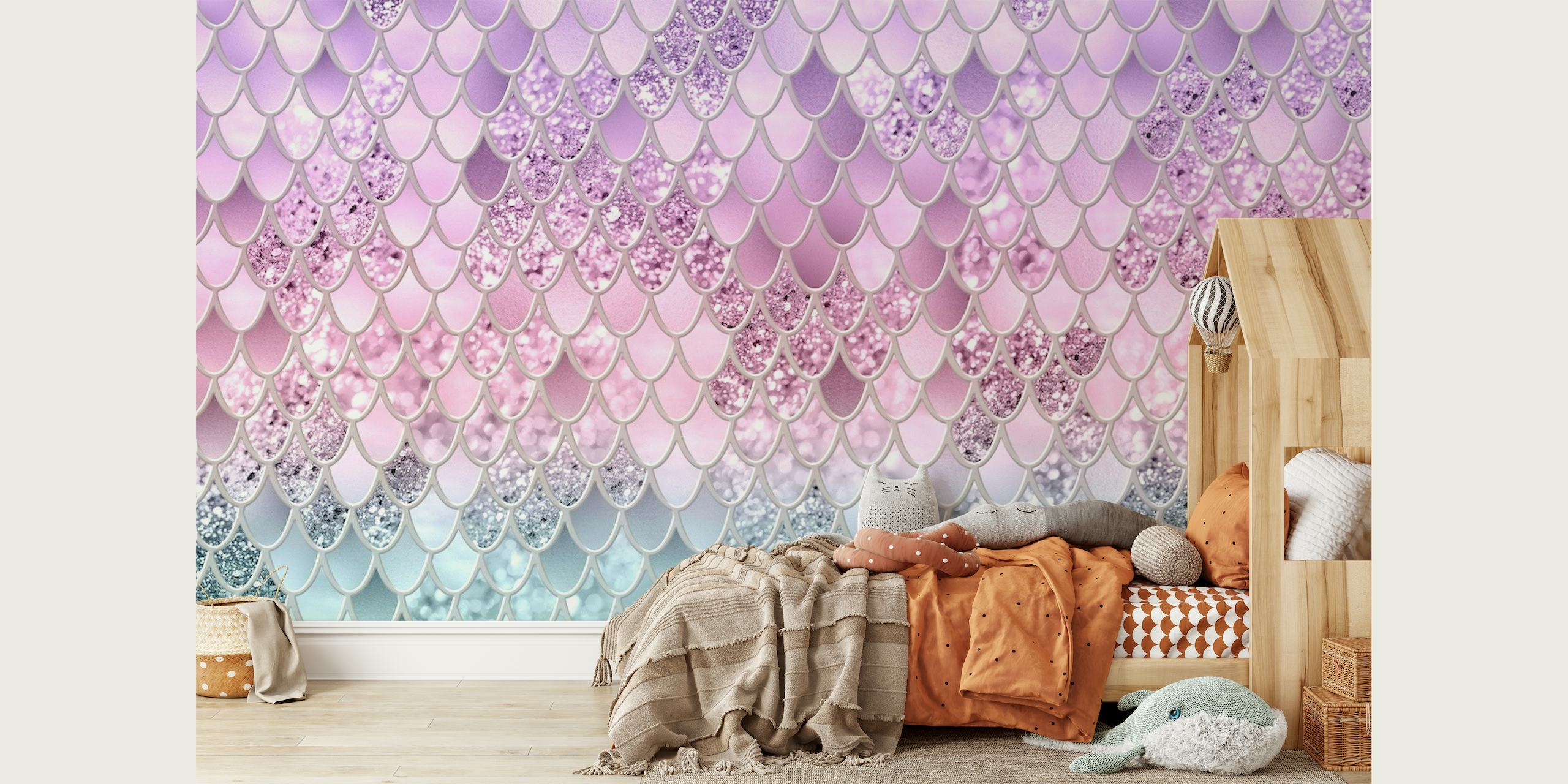 Pastel mermaid scale pattern wall mural with glittery appearance, transitioning from purple to blue.