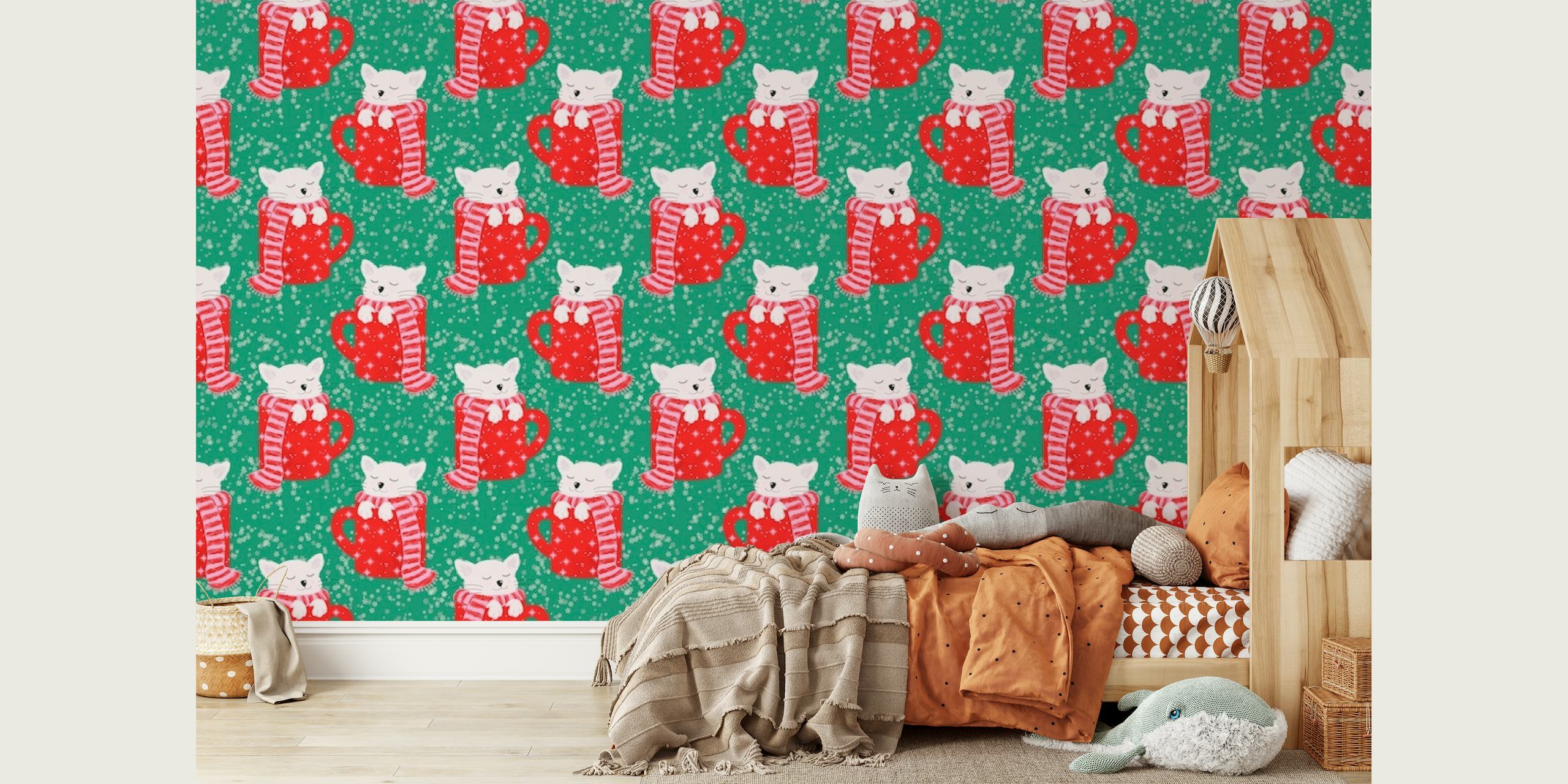 Cat in a cup on green wallpaper