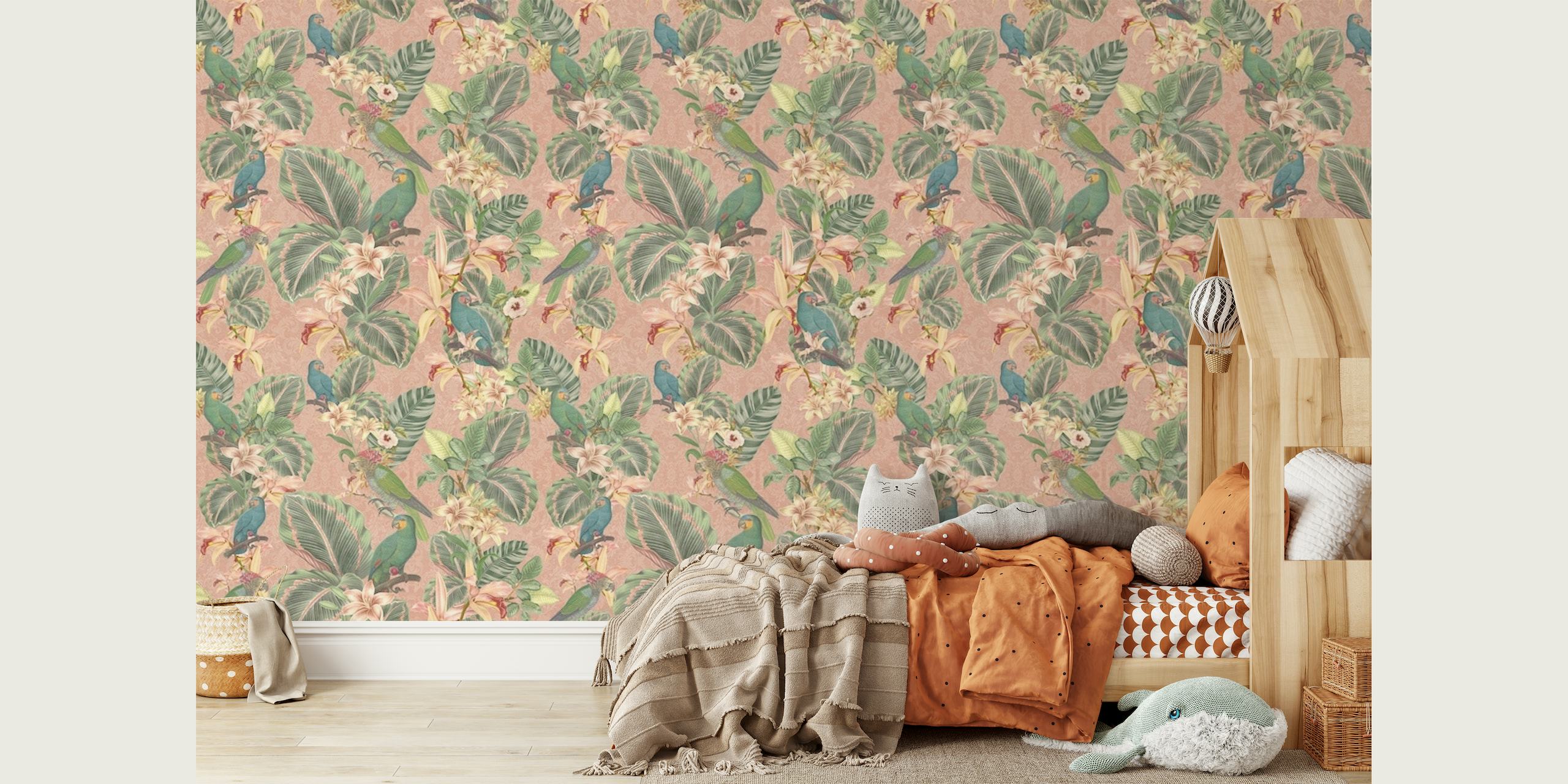 Tropical Jungle birds blush wallpaper