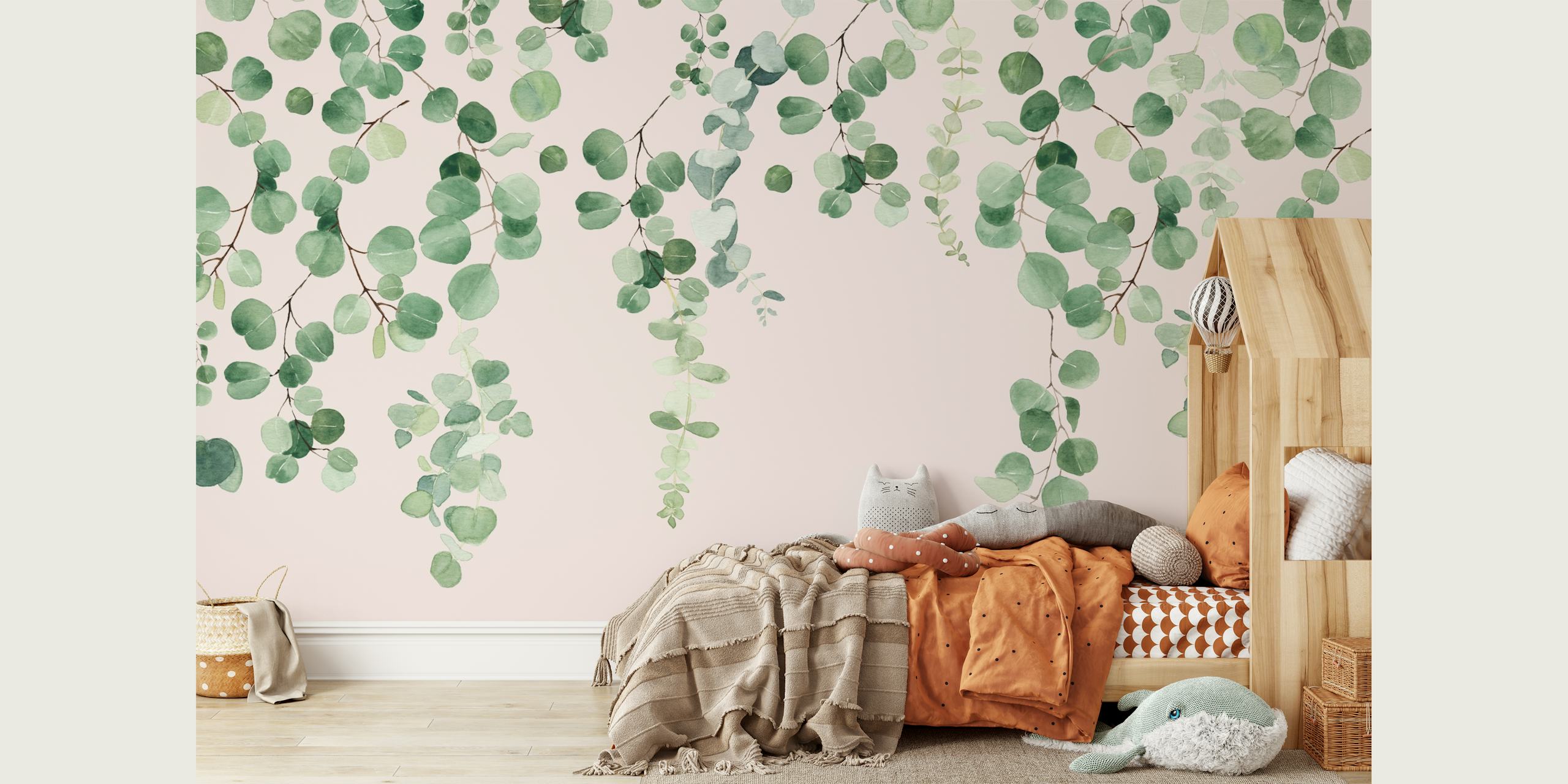 Eucalyptus leaves in green on a pink background botanical wallpaper