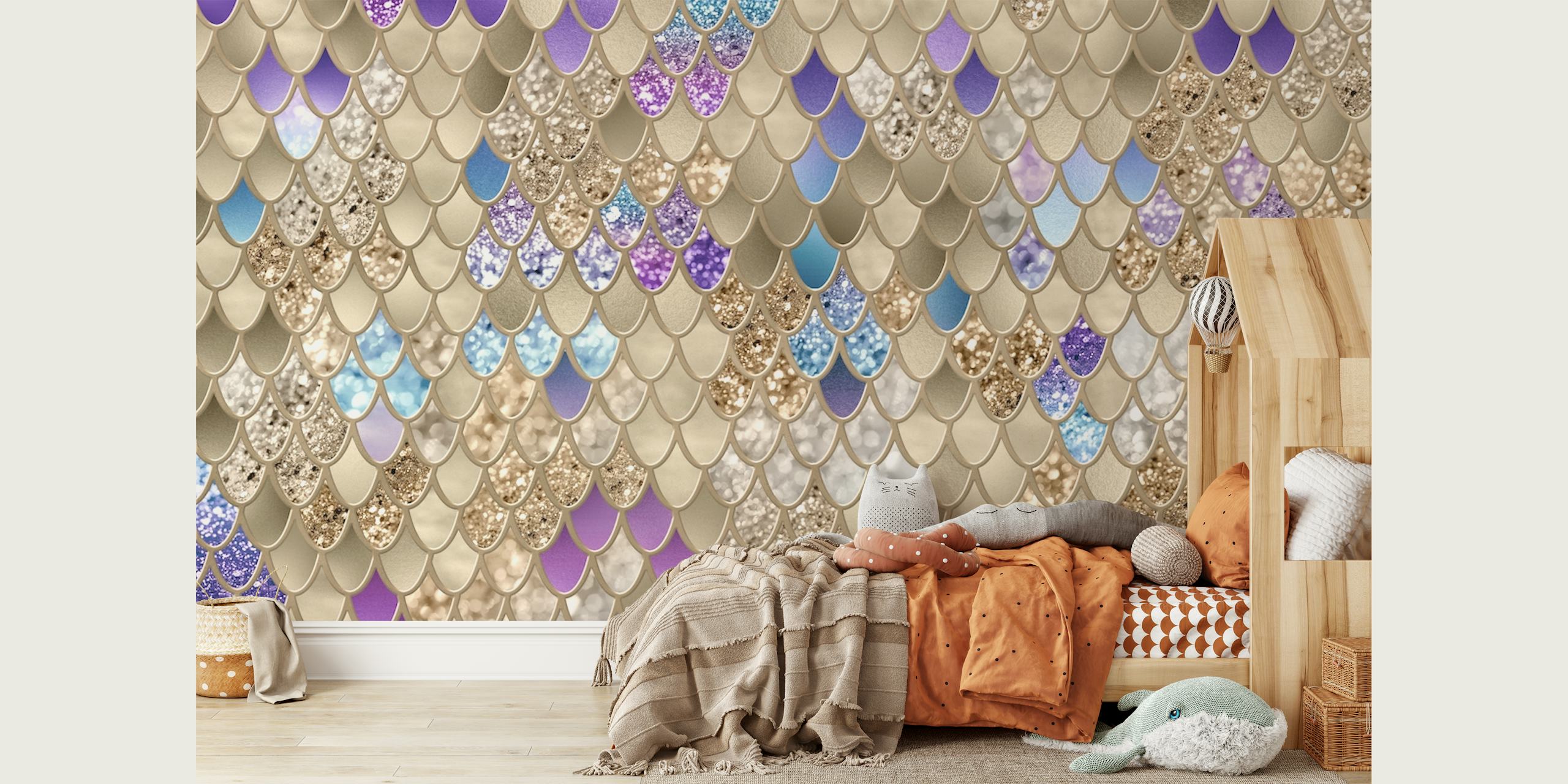Gold Violet Blue Meerjungfrau Schuppen in einem Raum