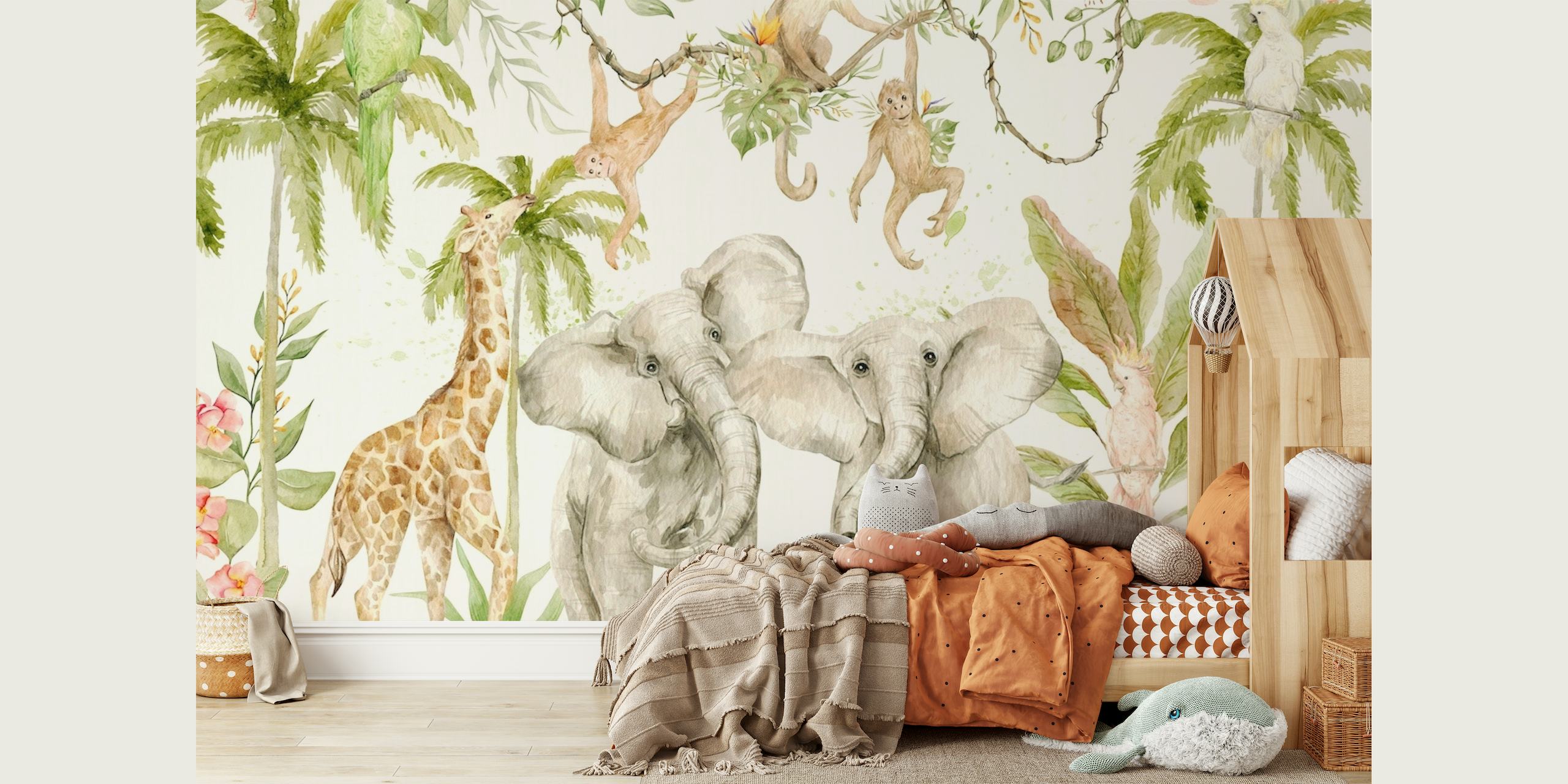 Hand-painted style wall mural of a tropical safari jungle scene with elephants, giraffes, and monkeys among greenery