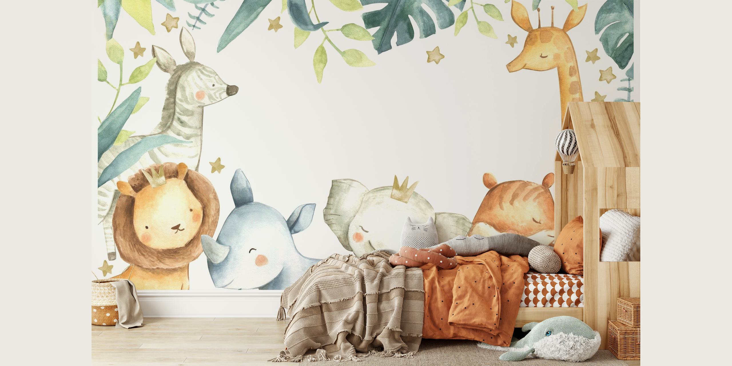 Safari Friends wall mural with playful animals and tropical leaves