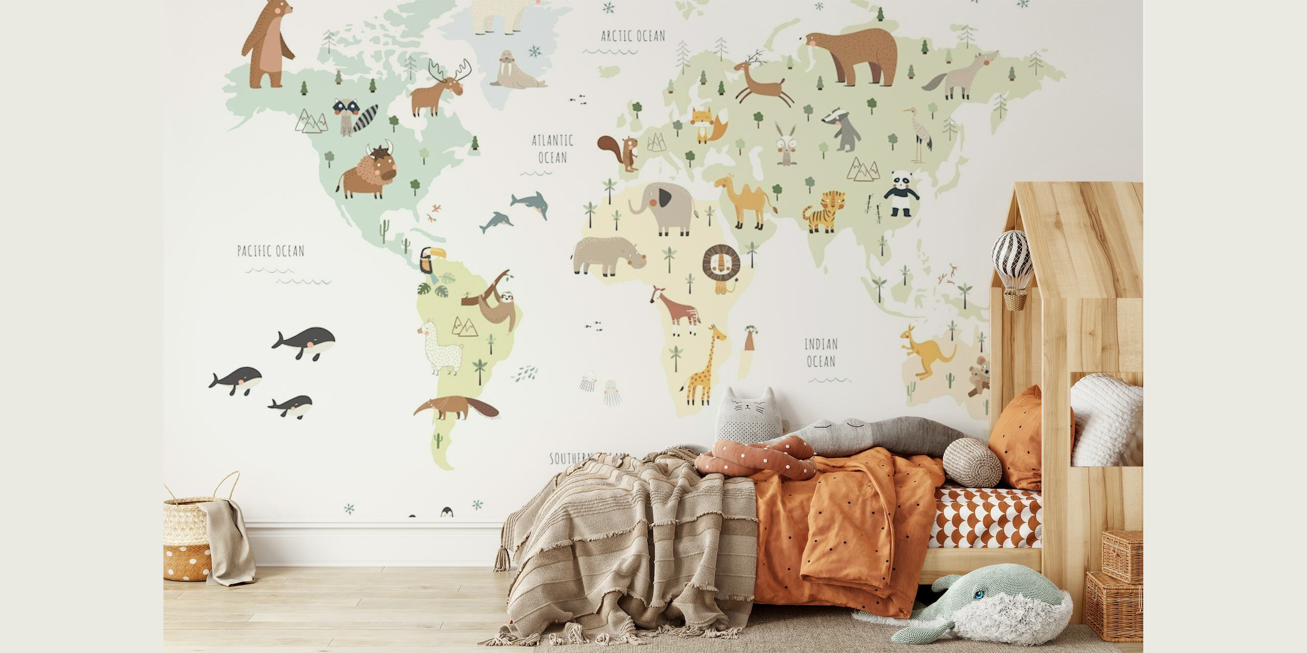 Illustreret verdenskort vægmaleri med farverige dyr, der repræsenterer forskellige regioner