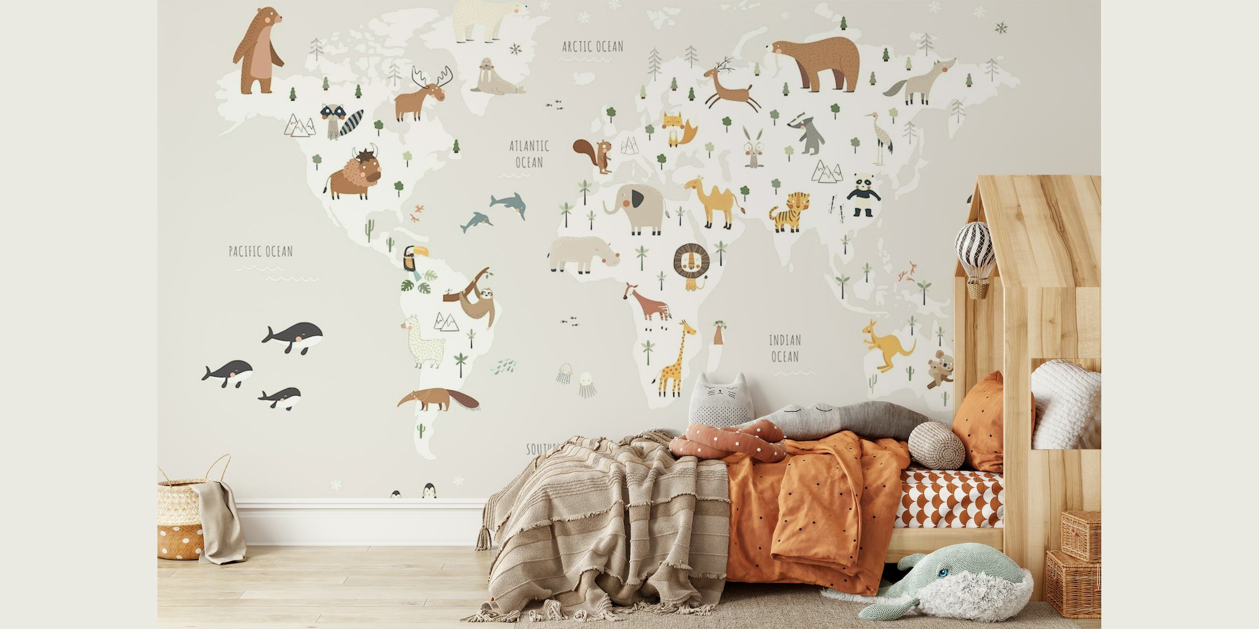 World map with animals gray papel pintado