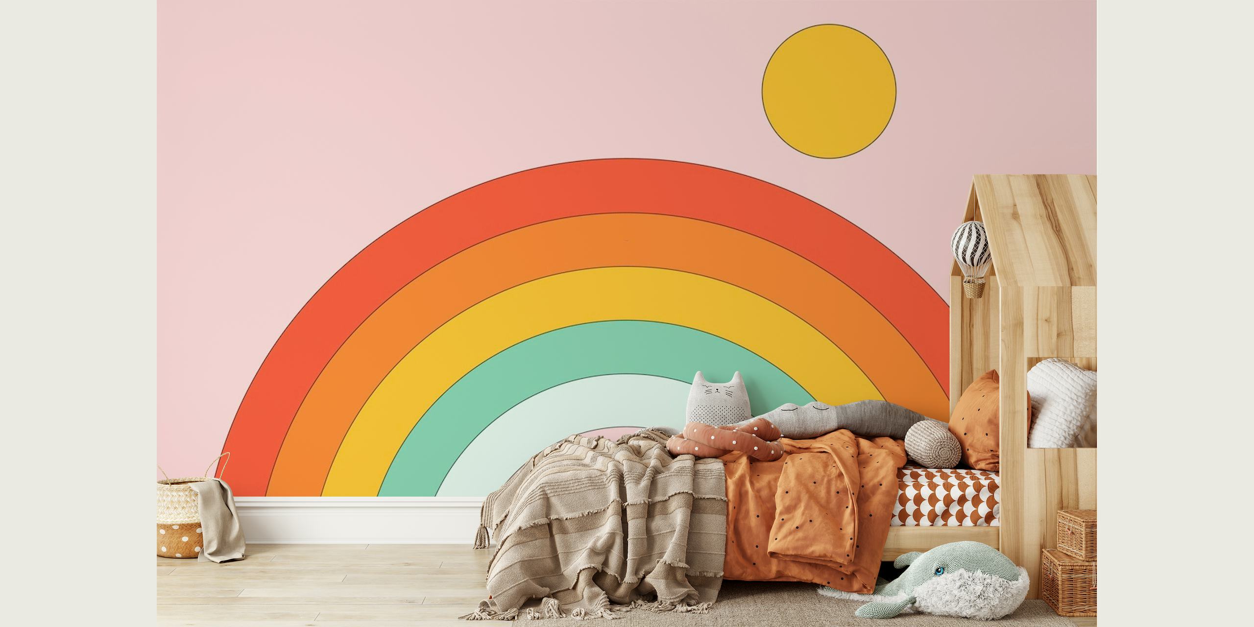 Colorful retro-style rainbow wall mural on a pink background