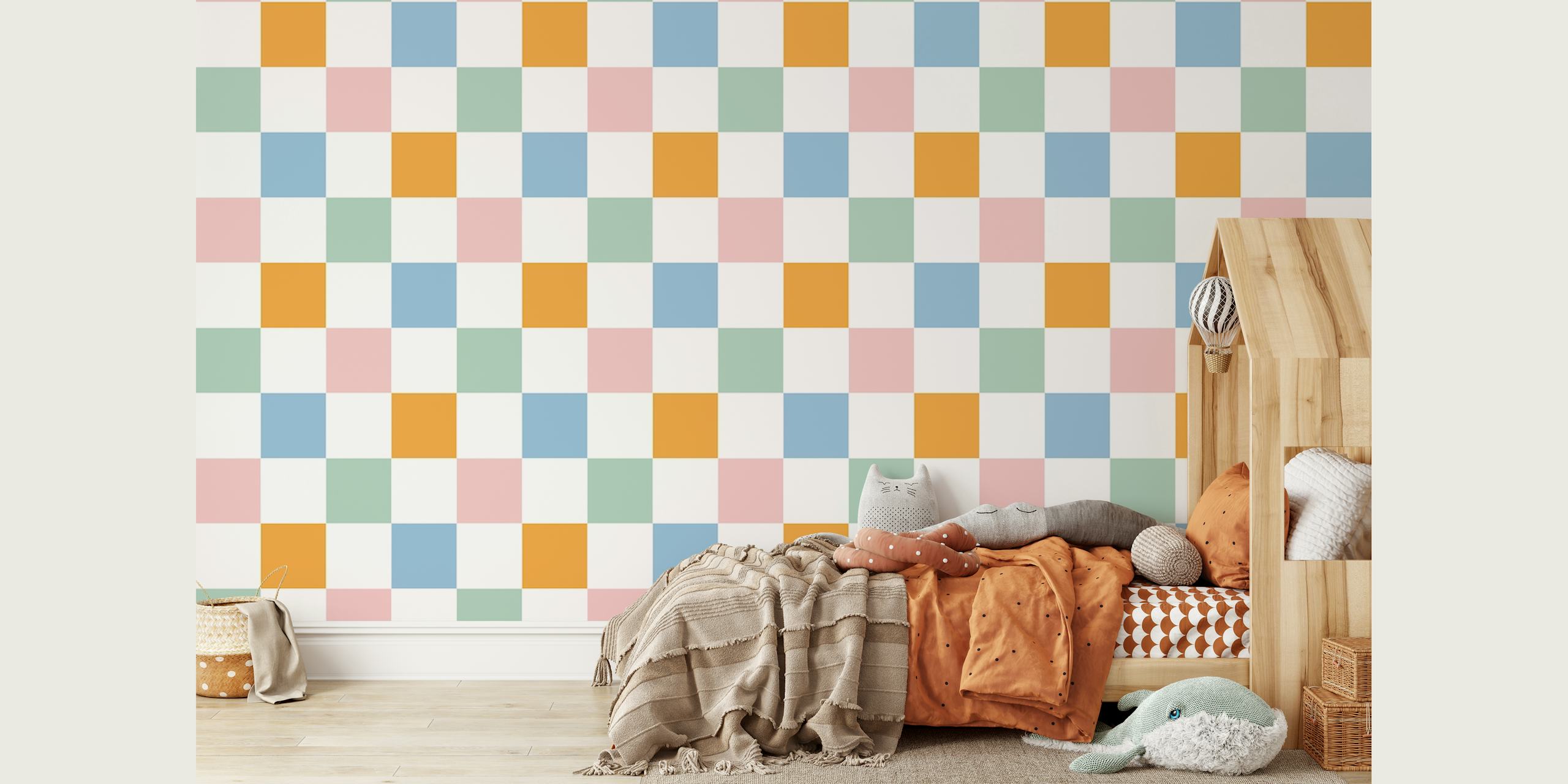 Colorful gingham pattern comprising pink, blue, orange, and green squares wallpaper