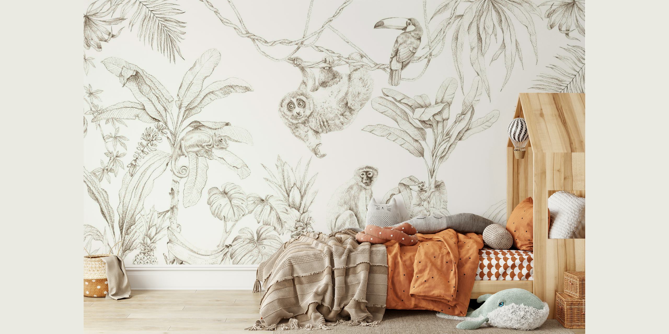Sketch-tyylinen seinämaalaus, jossa on Afrikan villieläimiä ja trooppisia kasveja