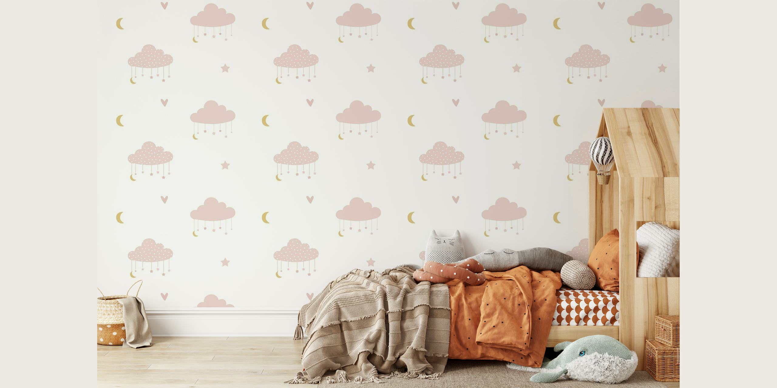 Whimsical pink clouds pattern on a cream background wall mural