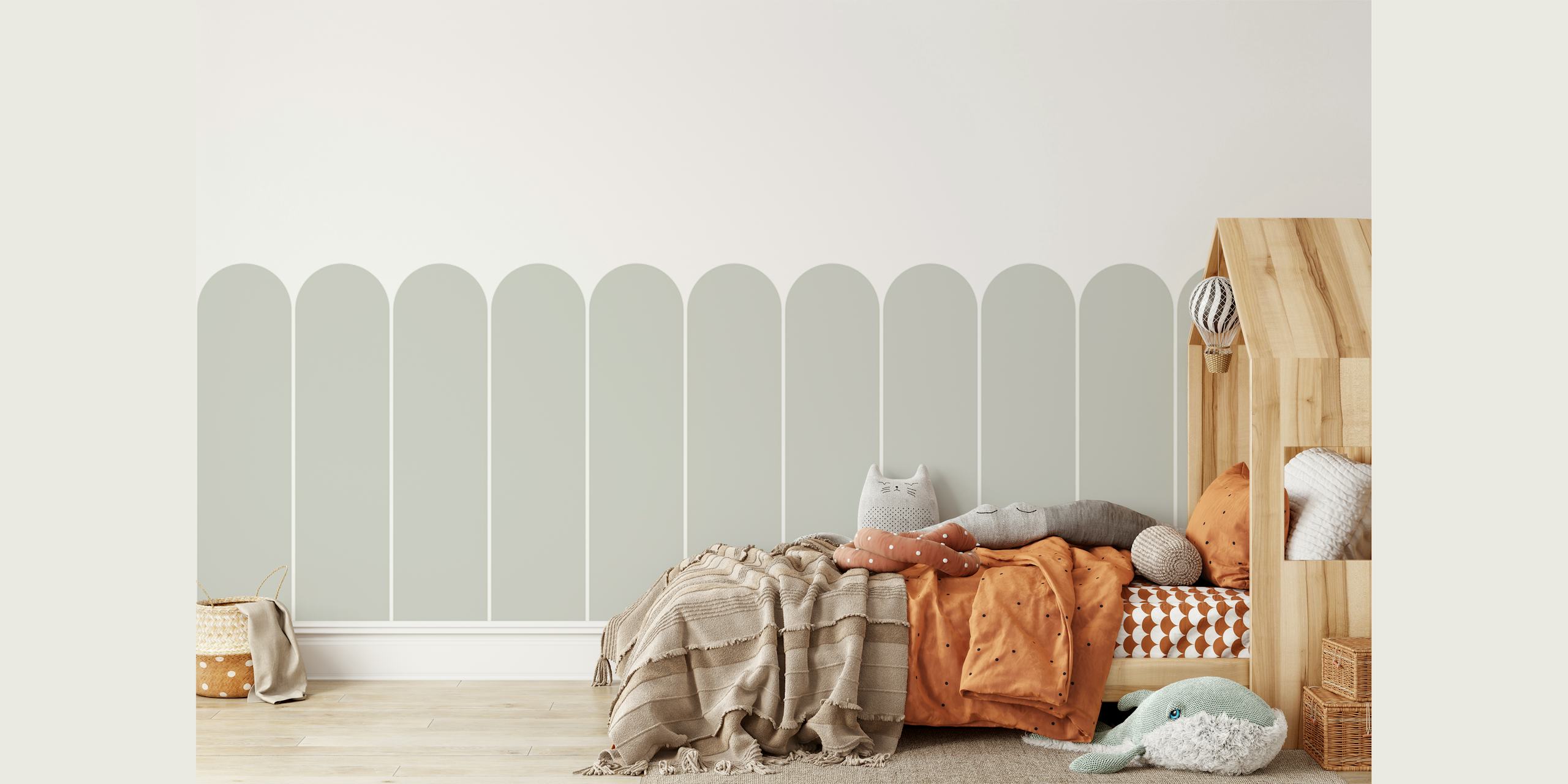 Geometric arches in sage green on a white background wallpaper