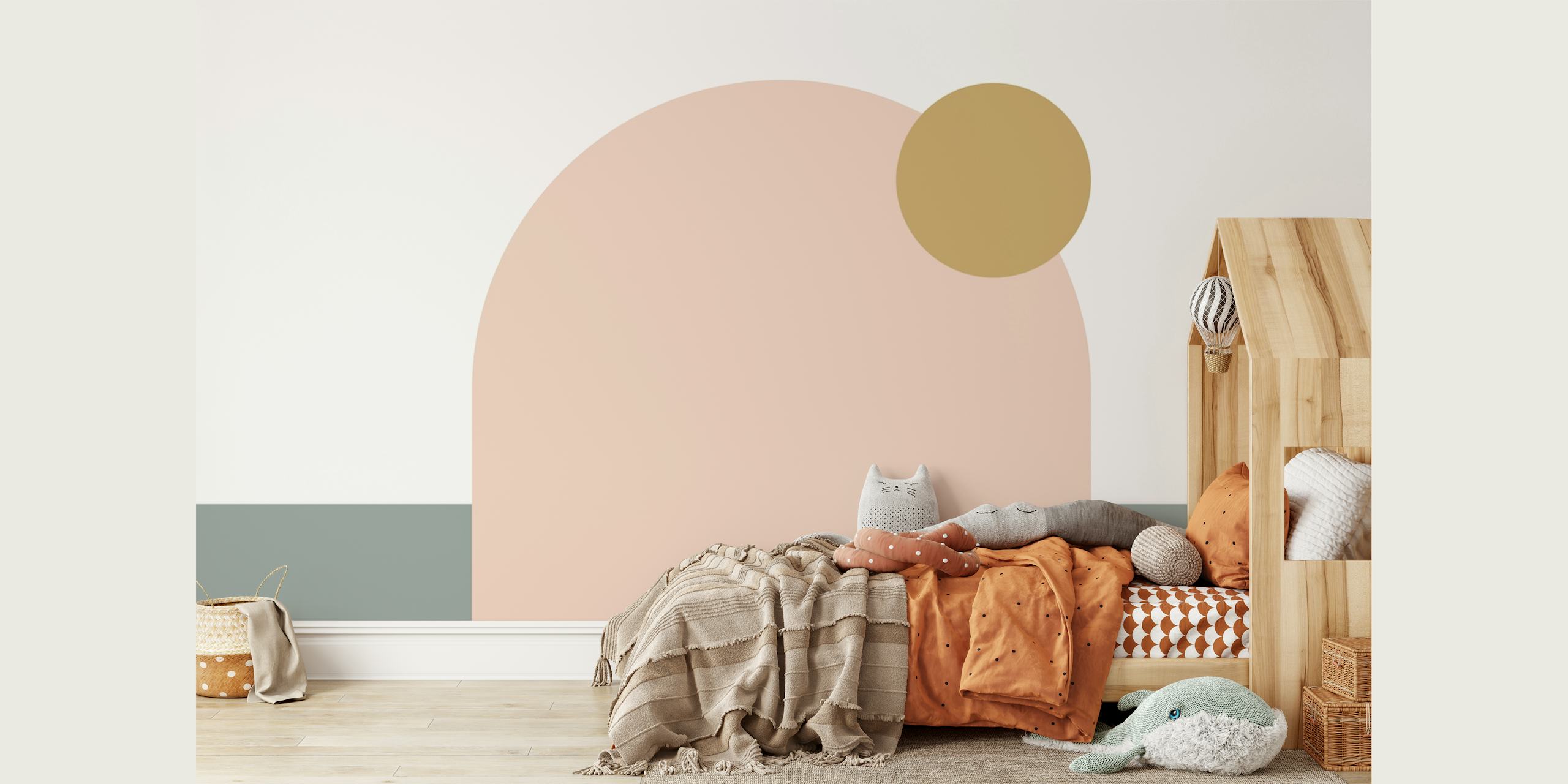 Abstract pink and green arch shapes with a dot. Modern wallpaper