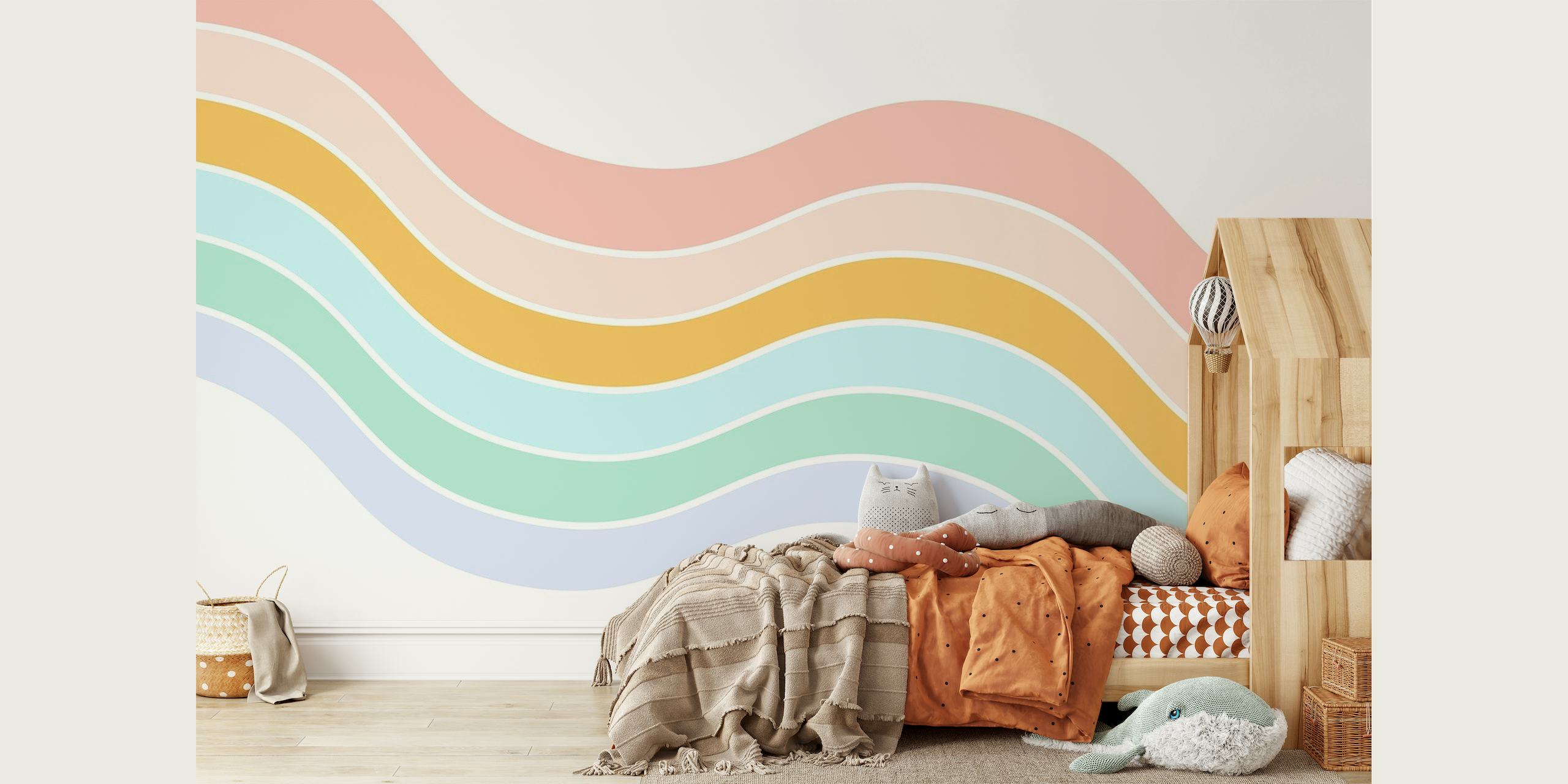 Abstract pastelkleurig golvende muurschildering die een rustgevende esthetiek creëert