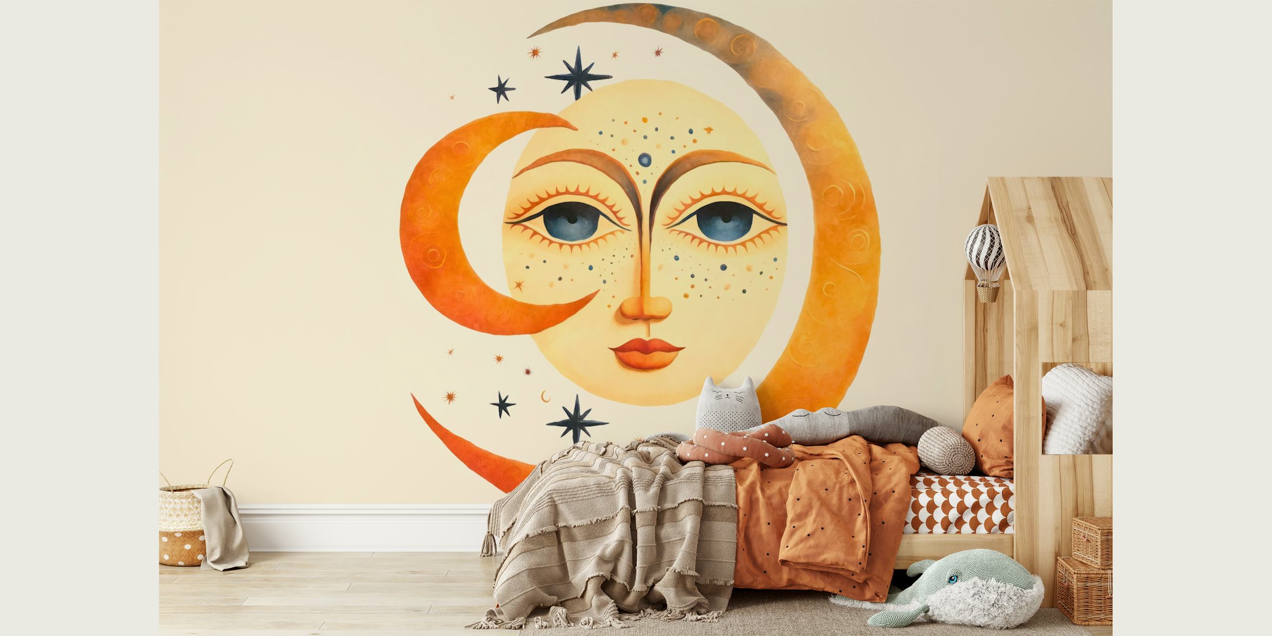 Whimsical Moon Watercolor Art em um quarto
