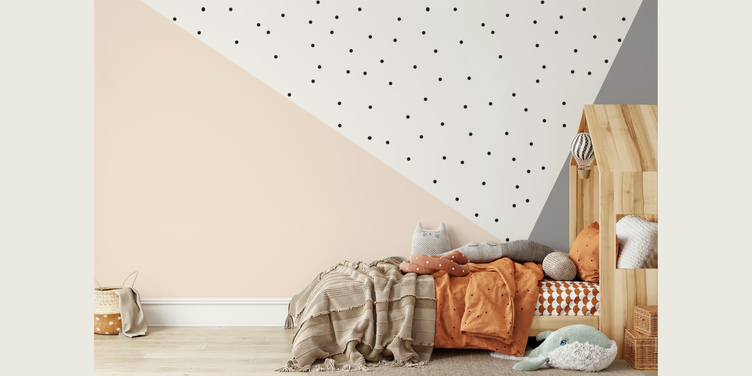 Pink and Grey Geometric Wall Mural with Polka Dots