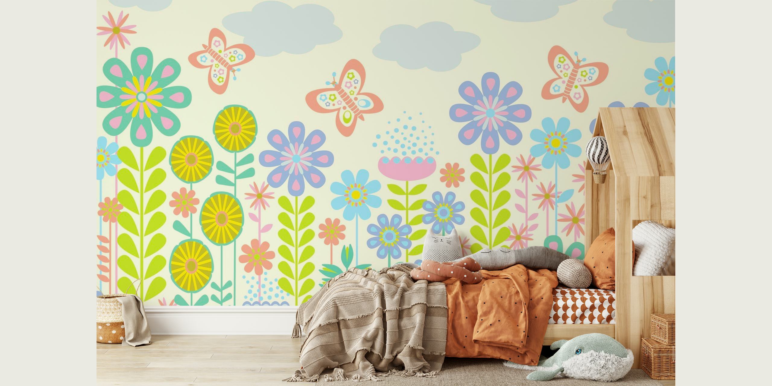 BUTTERFLY GARDEN Retro Scandi Floral Cream wallpaper