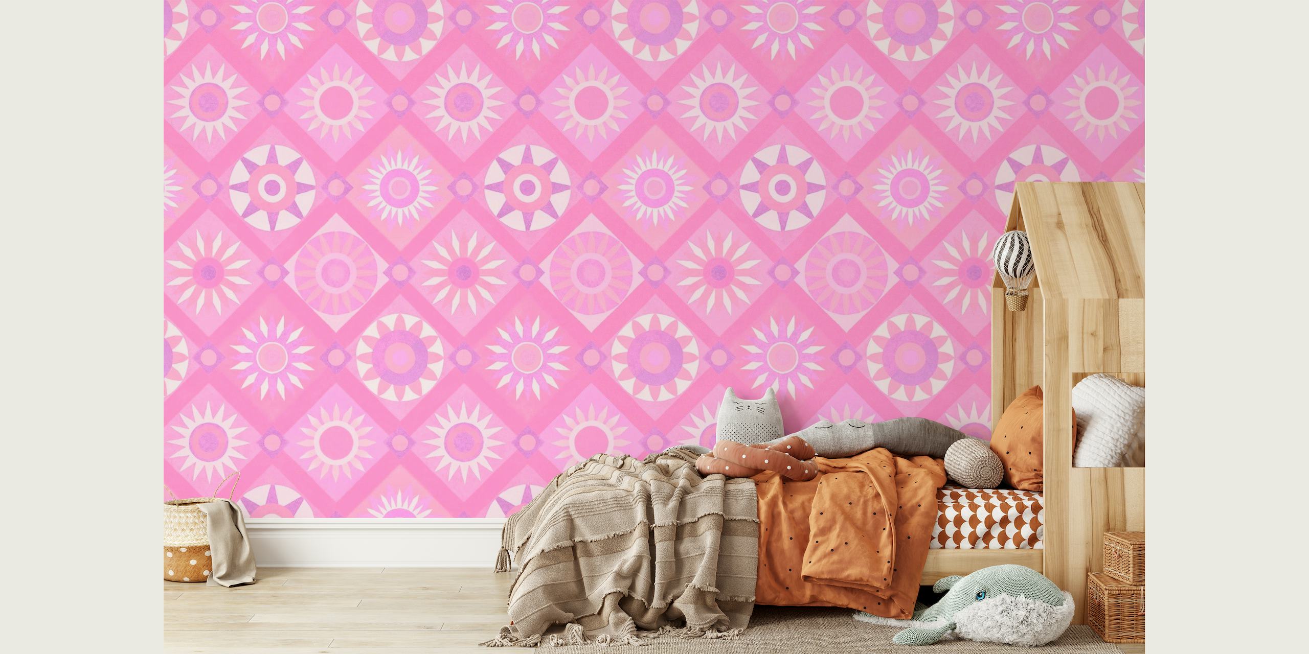 Whimsical Sunshine Quilt Collage Pink wallpaper