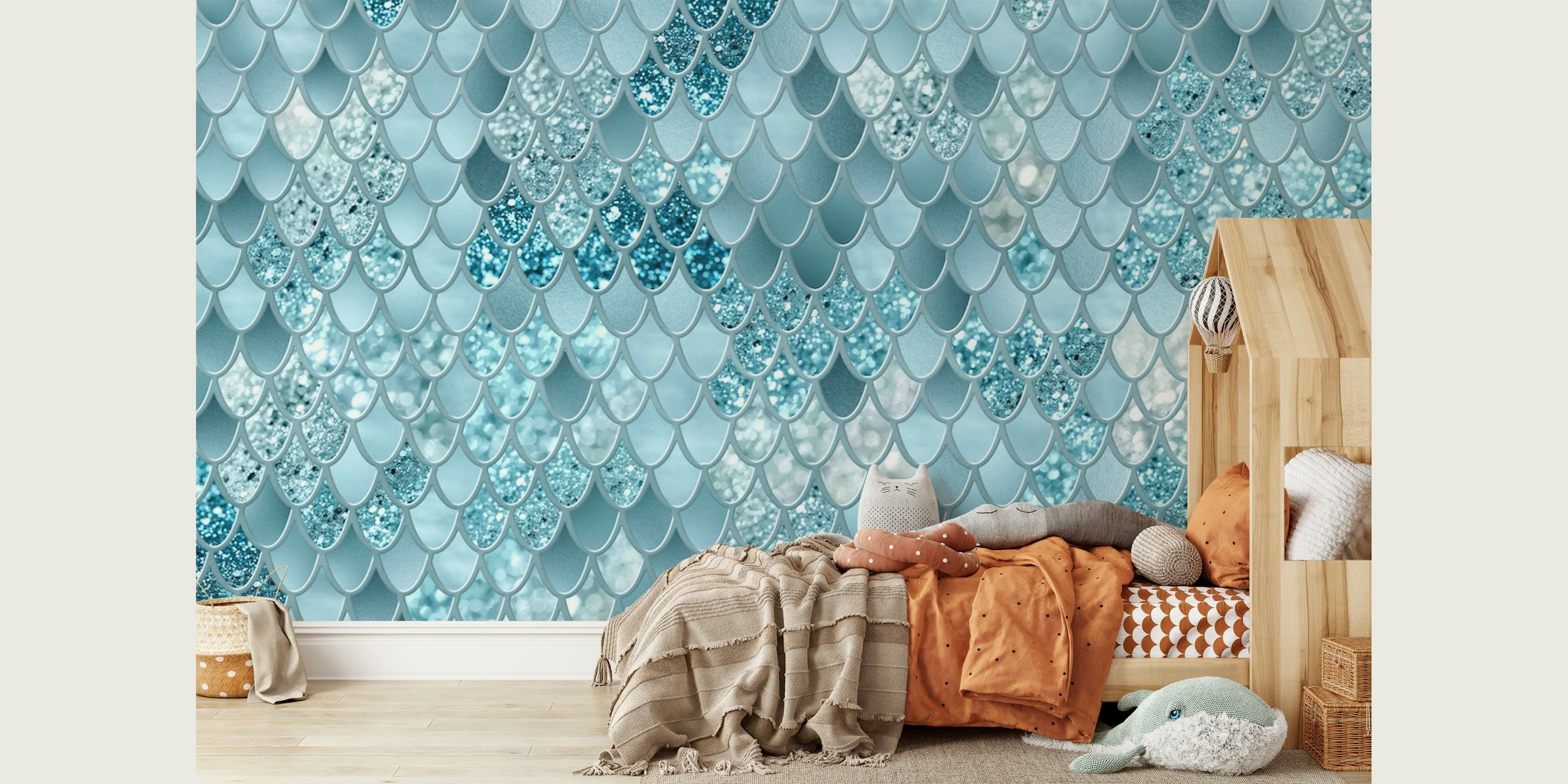 Glam mermaid scales design in blue and silver colors wallpaper