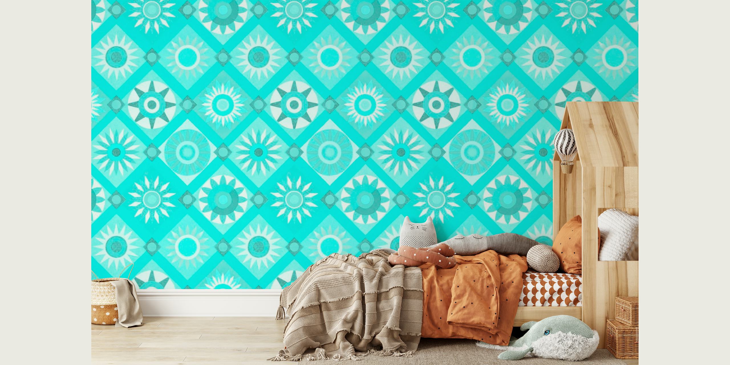 Whimsical Sunshine Quilt Collage Turquoise wallpaper