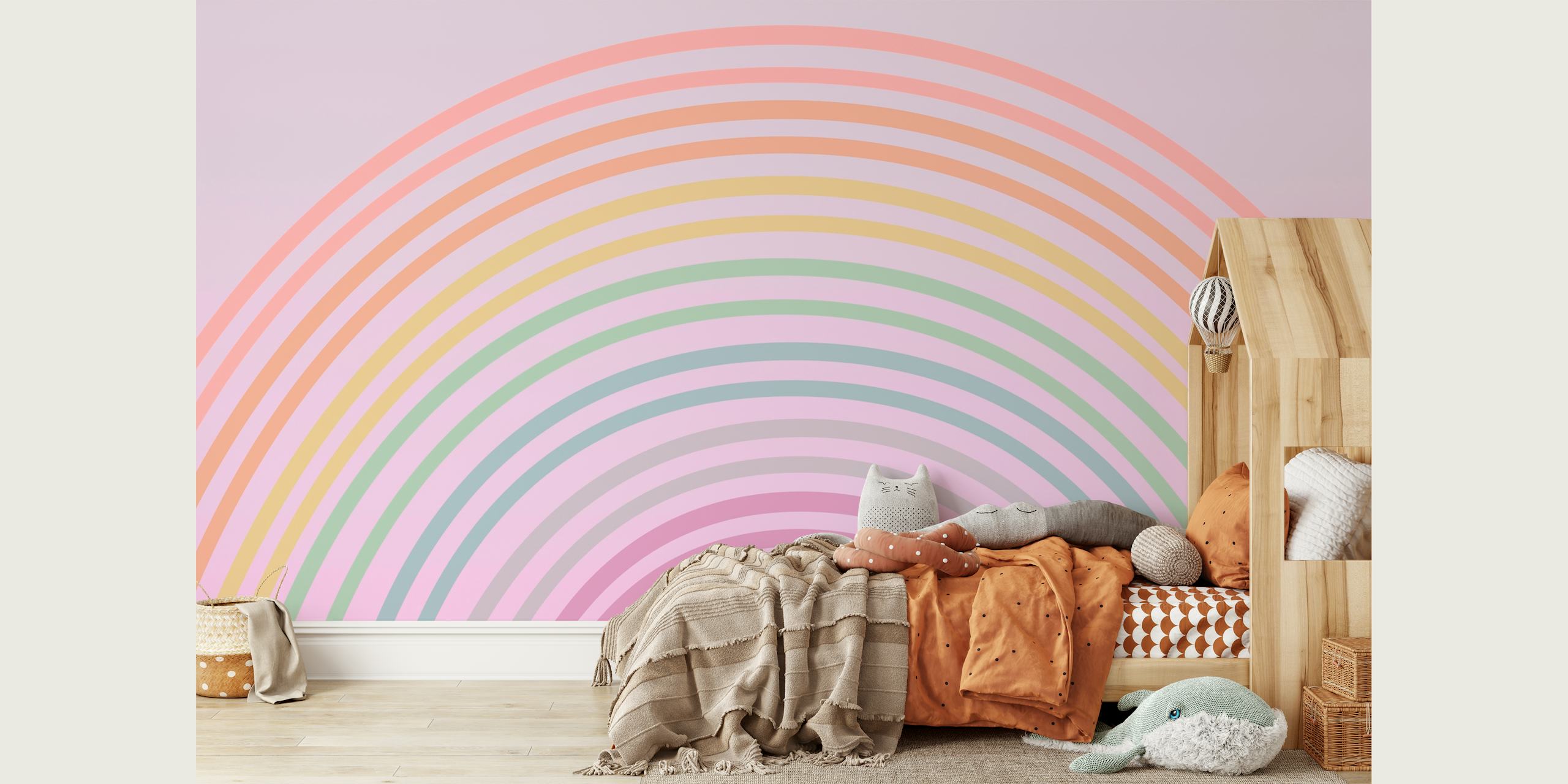 Happy Pastel Boho Rainbow-tapetti esillä huoneessa