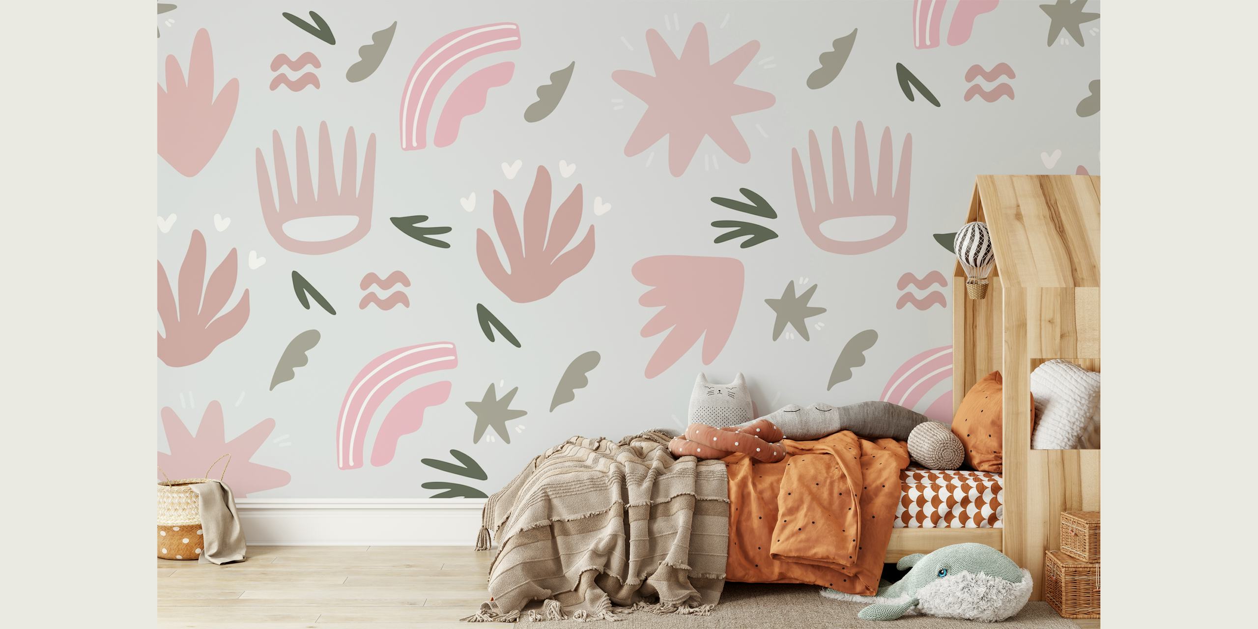 Abstract playful floral wall mural in soft pinks and greys for children's room