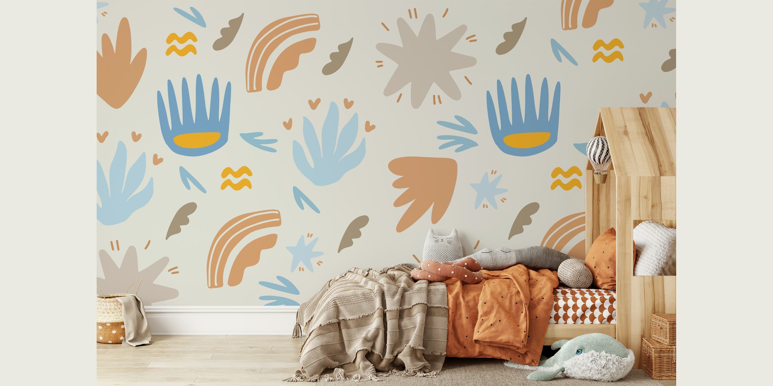 Happy Kids Wall Summer τοιχογραφία με αφηρημένες μορφές και τ whimsical σχέδια σε μπλε, ώχρα και τερακότα