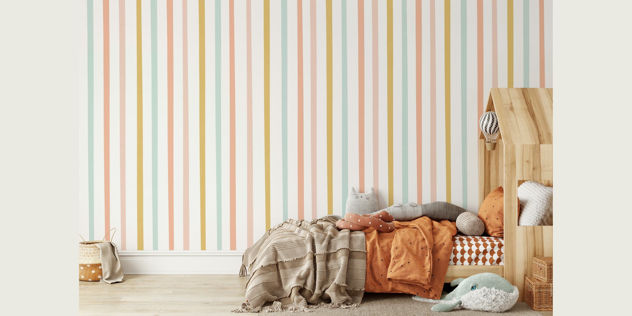 Pastellgestreifte Happy Stripes Tapete in Rosa, Blau und Gelb, gestreiftes Design, Wallpaper