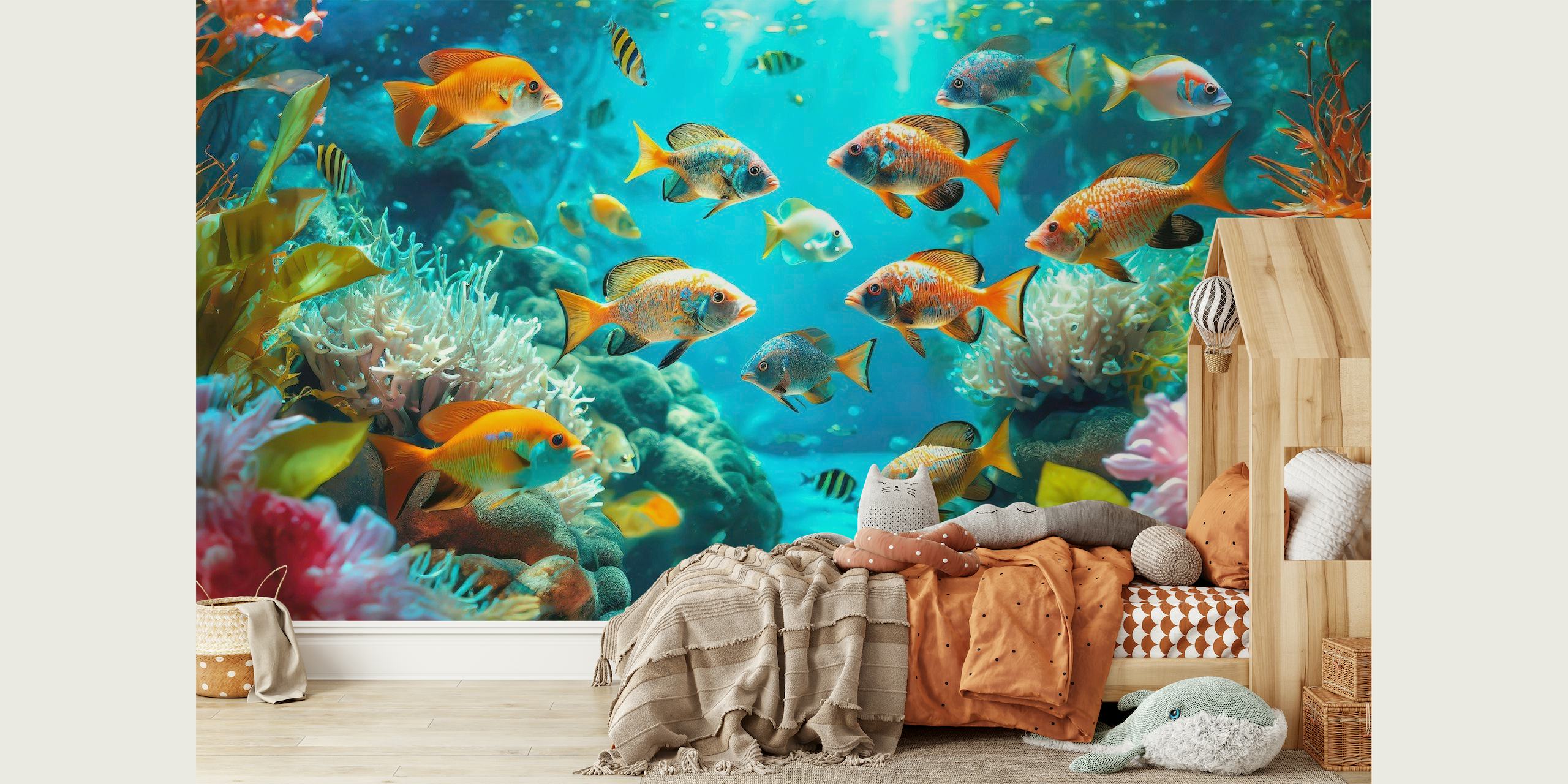 Živahni podvodni zidni mural koji prikazuje šarene ribe koje plivaju među koraljima