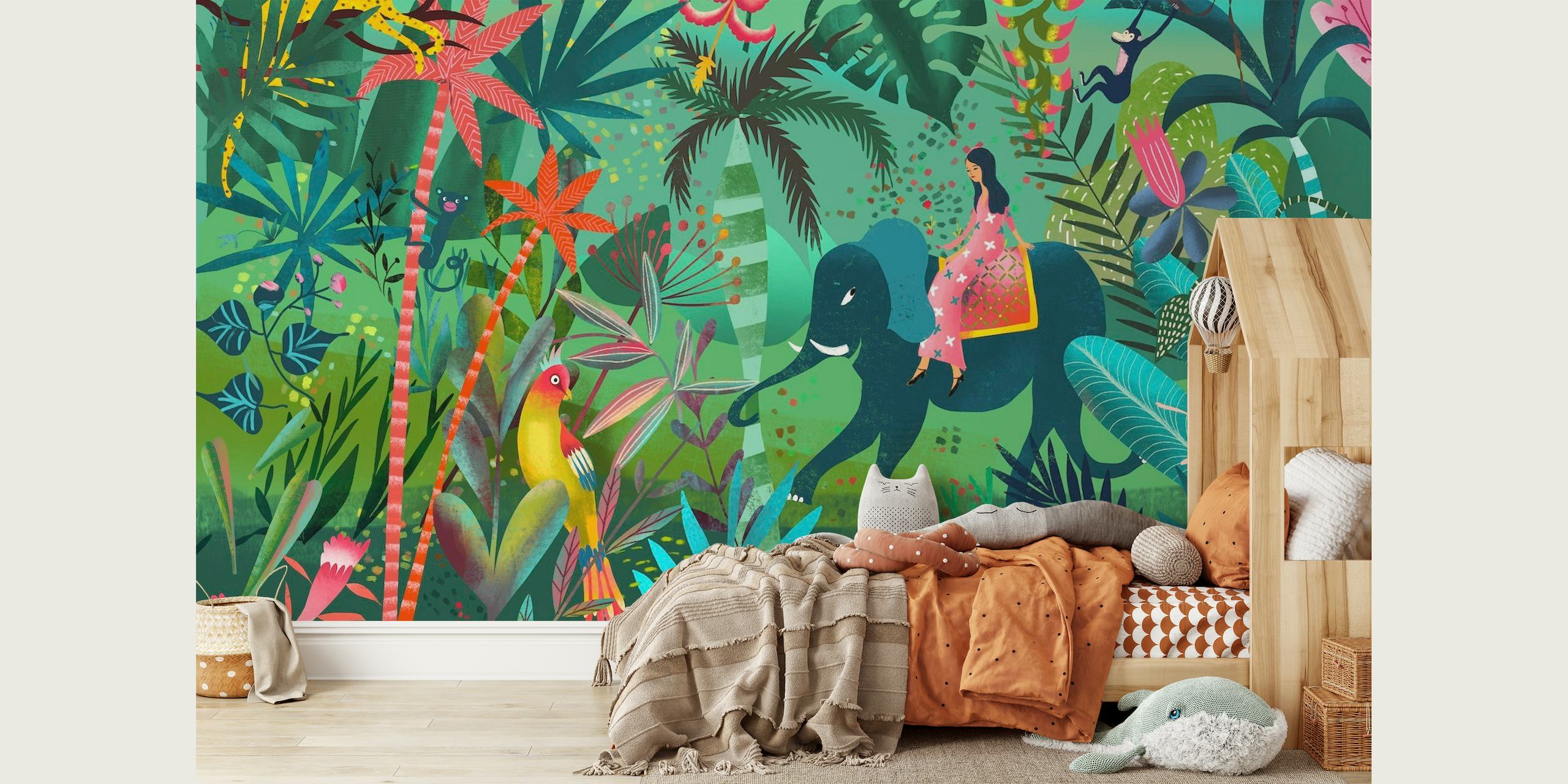 Šareni zidni mural s tropskim biljkama i divljim životinjama u vožnji slonovima u džungli