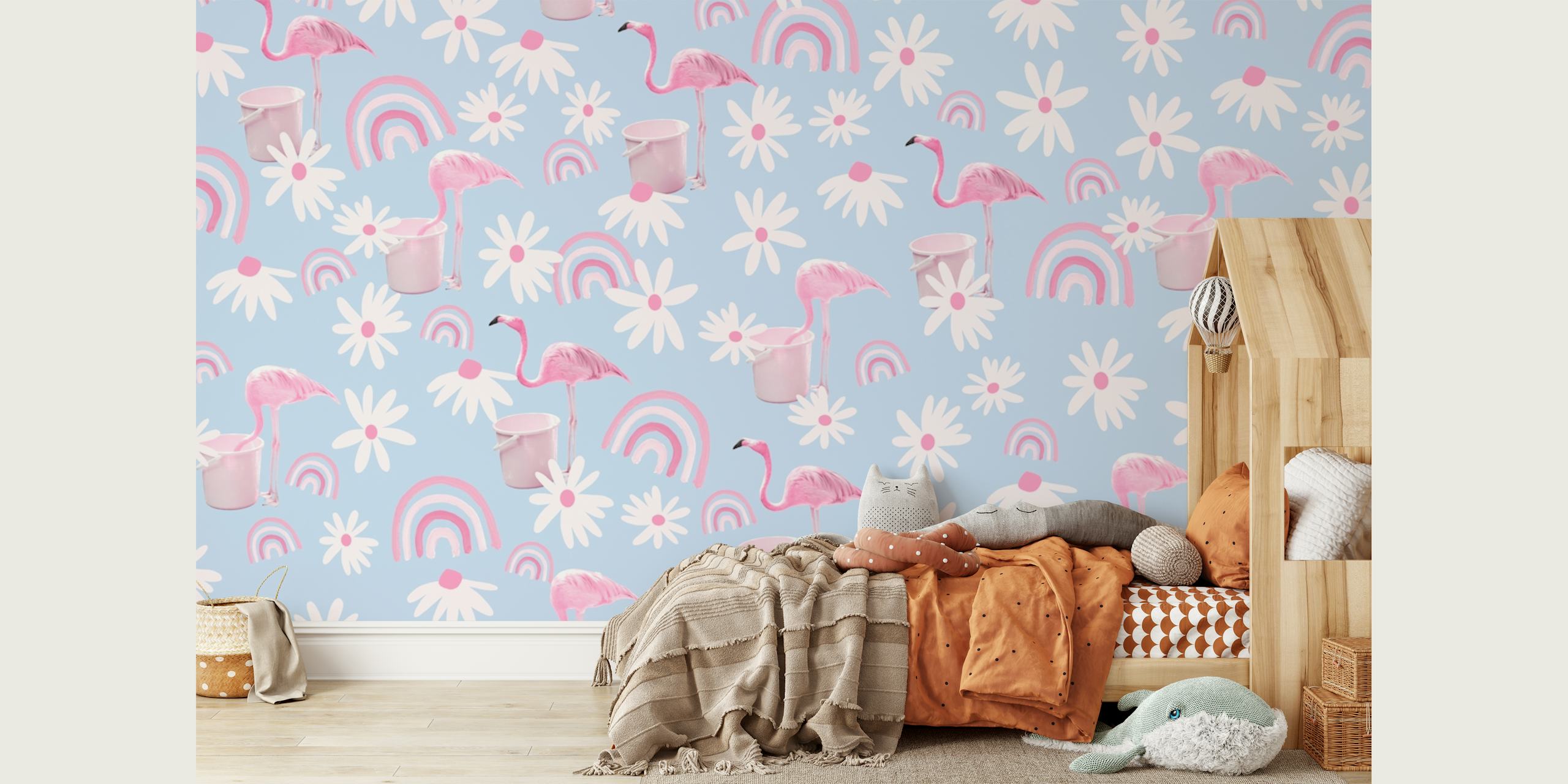 Pink flamingos, rainbow, and daisies on blue background wallpaper
