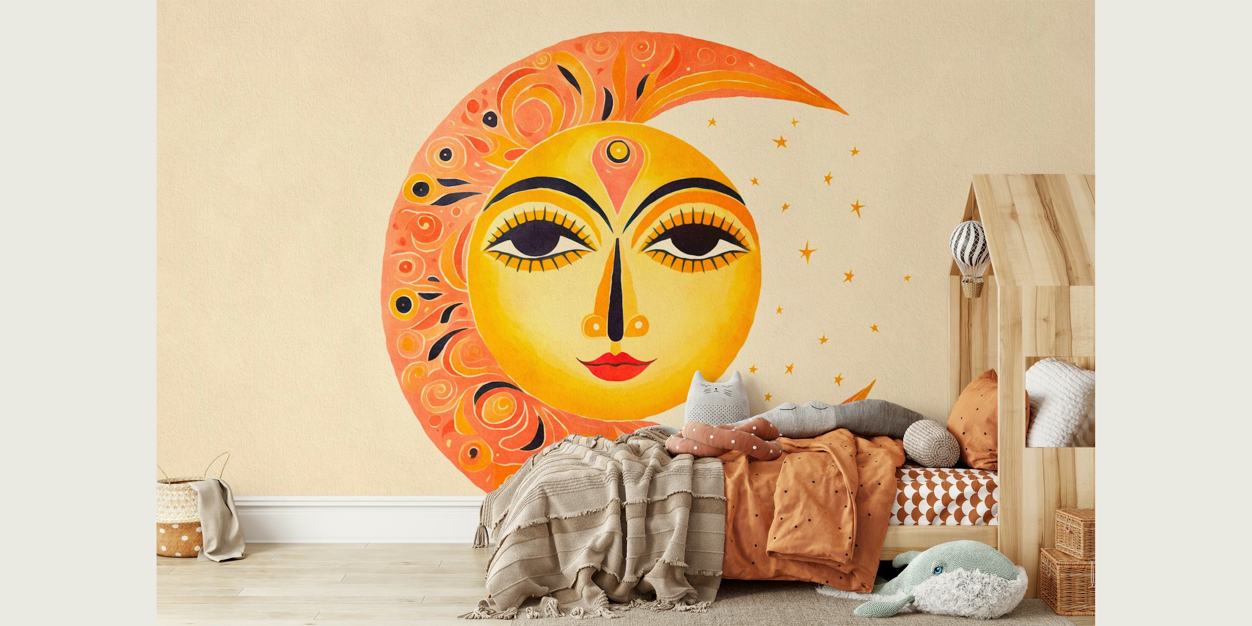 Whimsical sun and moon face design in orange and yellow colors wallpaper