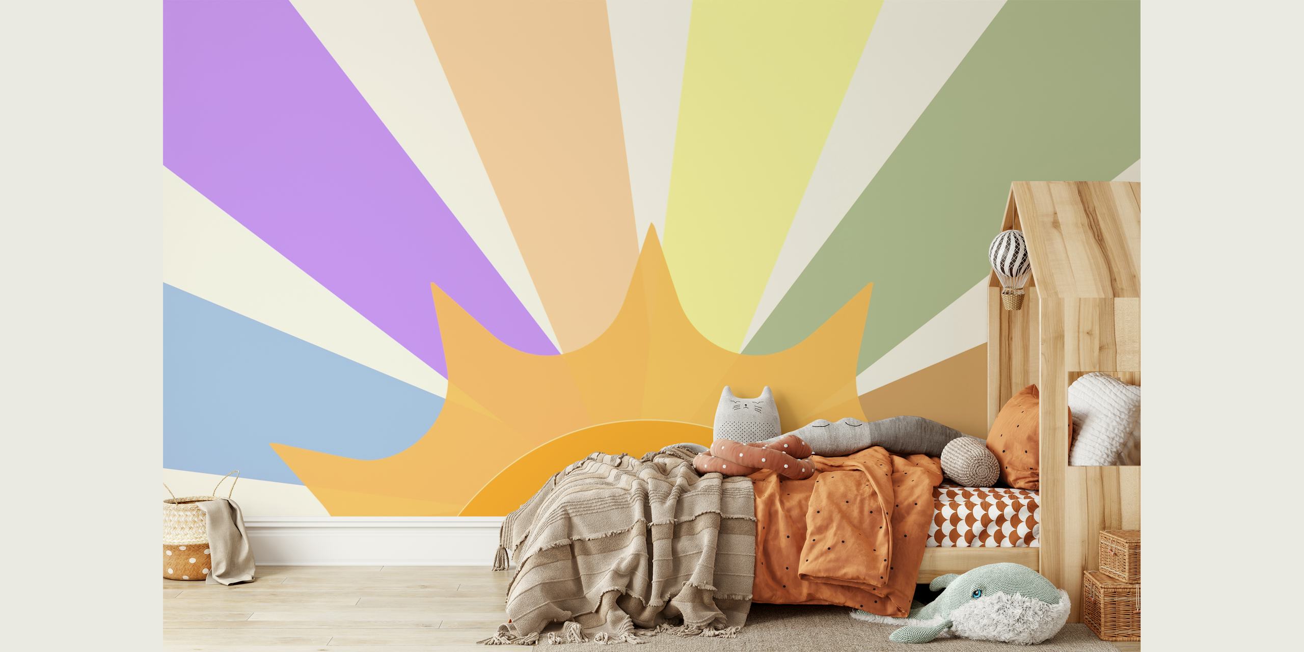 Colorful rays with sun in pastel shades modern wallpaper