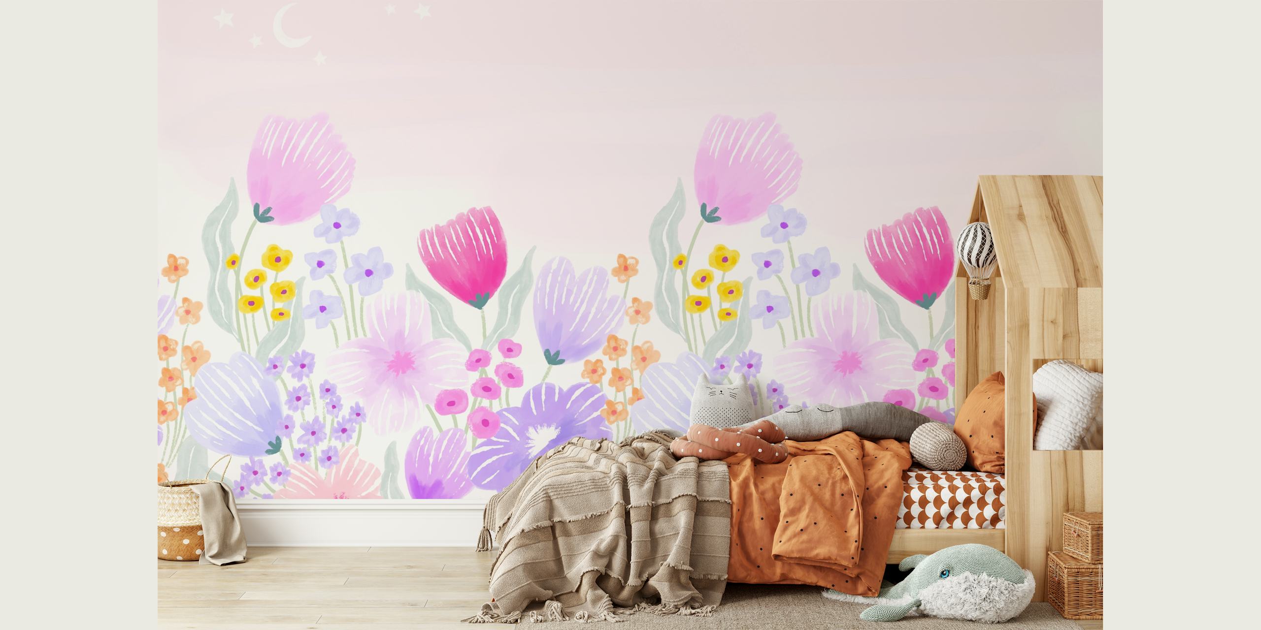 Färgglad vårträdgård tapet med tulpaner och vilda blommor