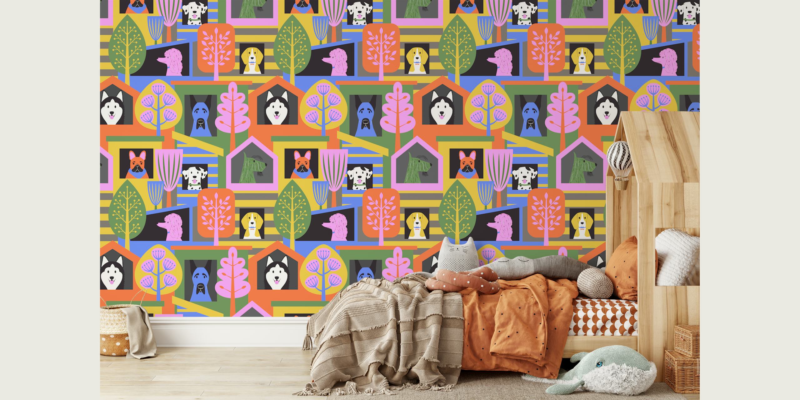 Colorful wallpaper with dogs in dog houses
